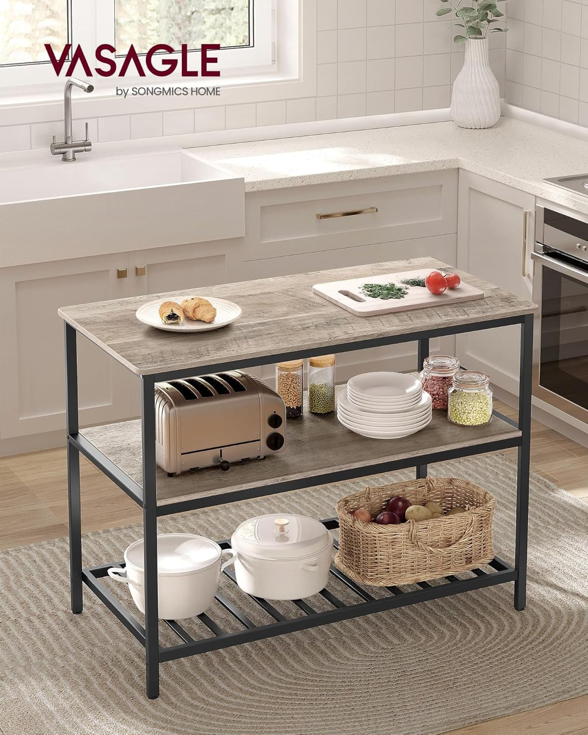 Raft de bucatarie tip insula, cadru de otel cu 3 nivele, stil industrial, 60x120x90cm, gri stejar — imaginea 8