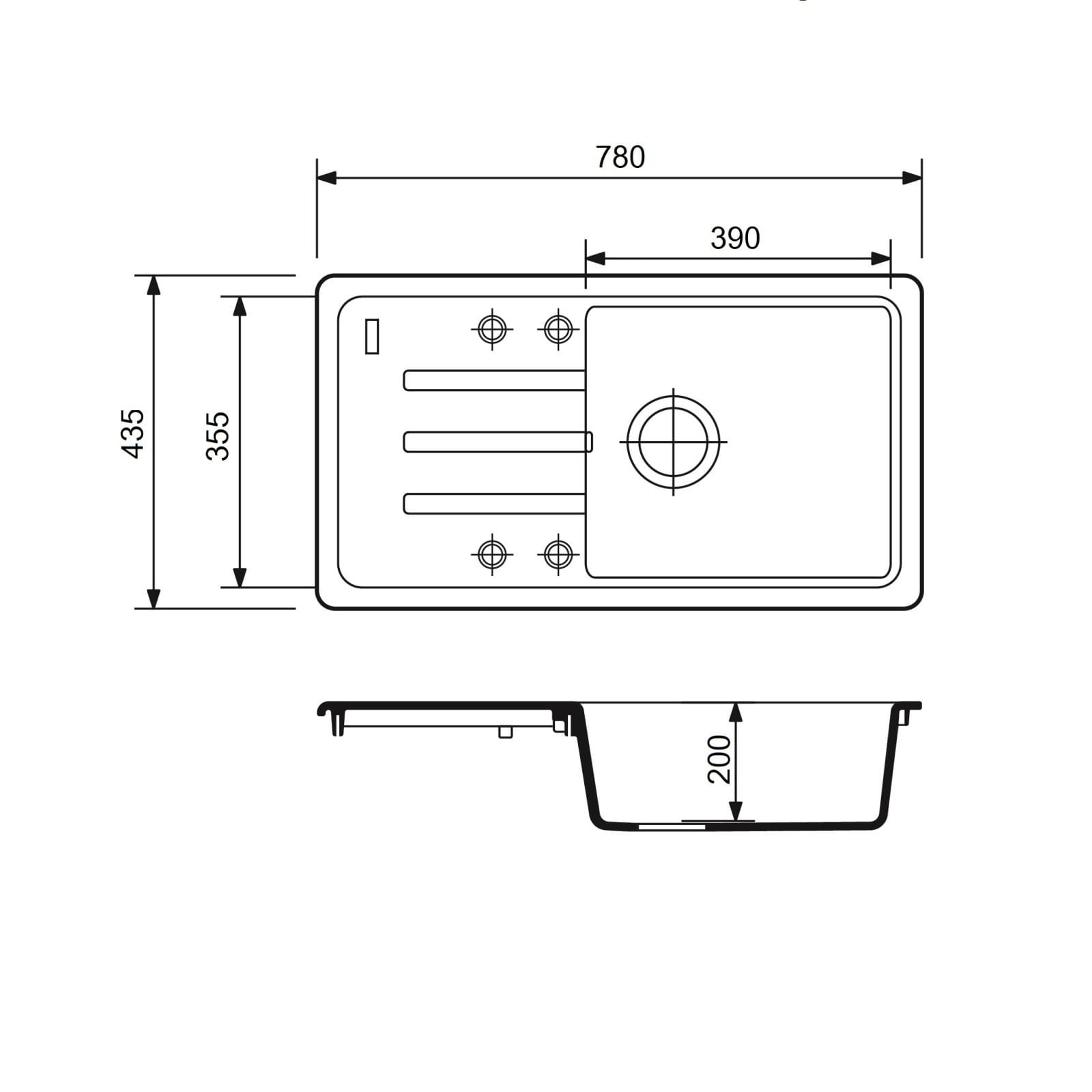 Chiuveta de bucatarie din granit cu o cuva si scurgator, seria SLIM LONG, Black, 780x435x200 mm, FLOW FCB-7843SLBM/1T — imaginea 2