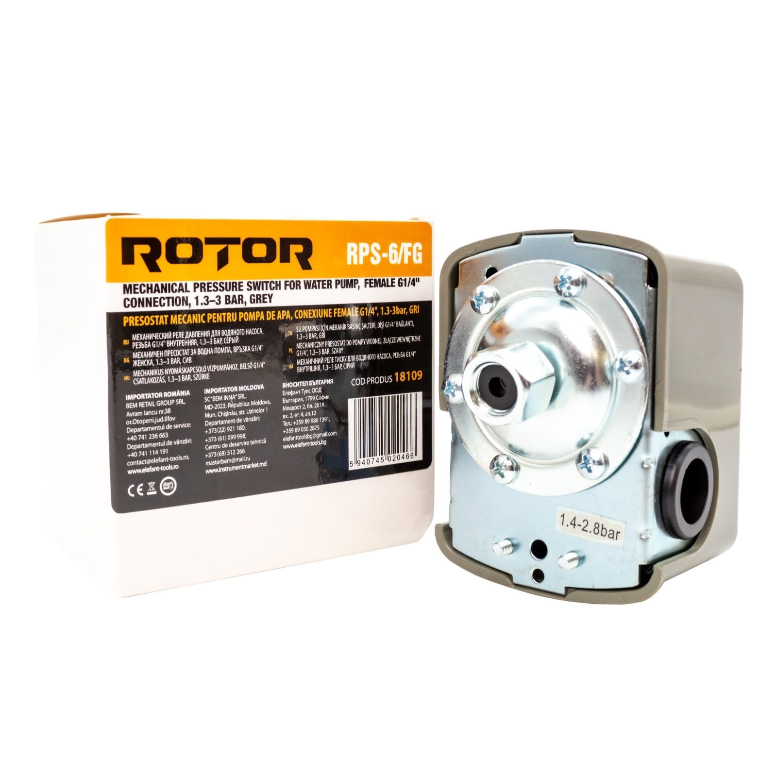 Presostat mecanic pentru pompa de apa ROTOR RPS-6/FG filet interior: G1/4", 1.3–3 bar — imaginea 3