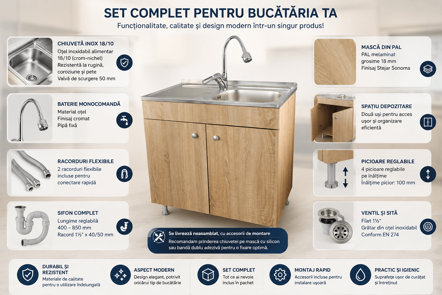 Set Masca Chiuveta Sonoma 80 cm X 50 cm X 80 cm, chiuveta inox cuva dreapta, baterie lebada flexibila si sifon scurgere — imaginea 6