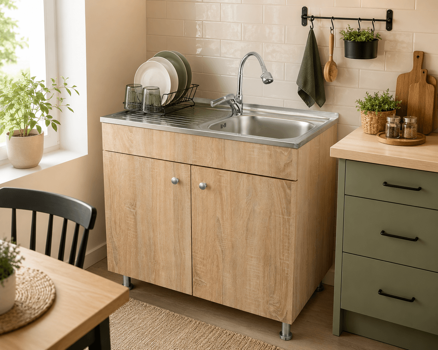 Set Masca Chiuveta Sonoma 80 cm X 50 cm X 80 cm, chiuveta inox cuva dreapta, baterie lebada flexibila si sifon scurgere — imaginea 7