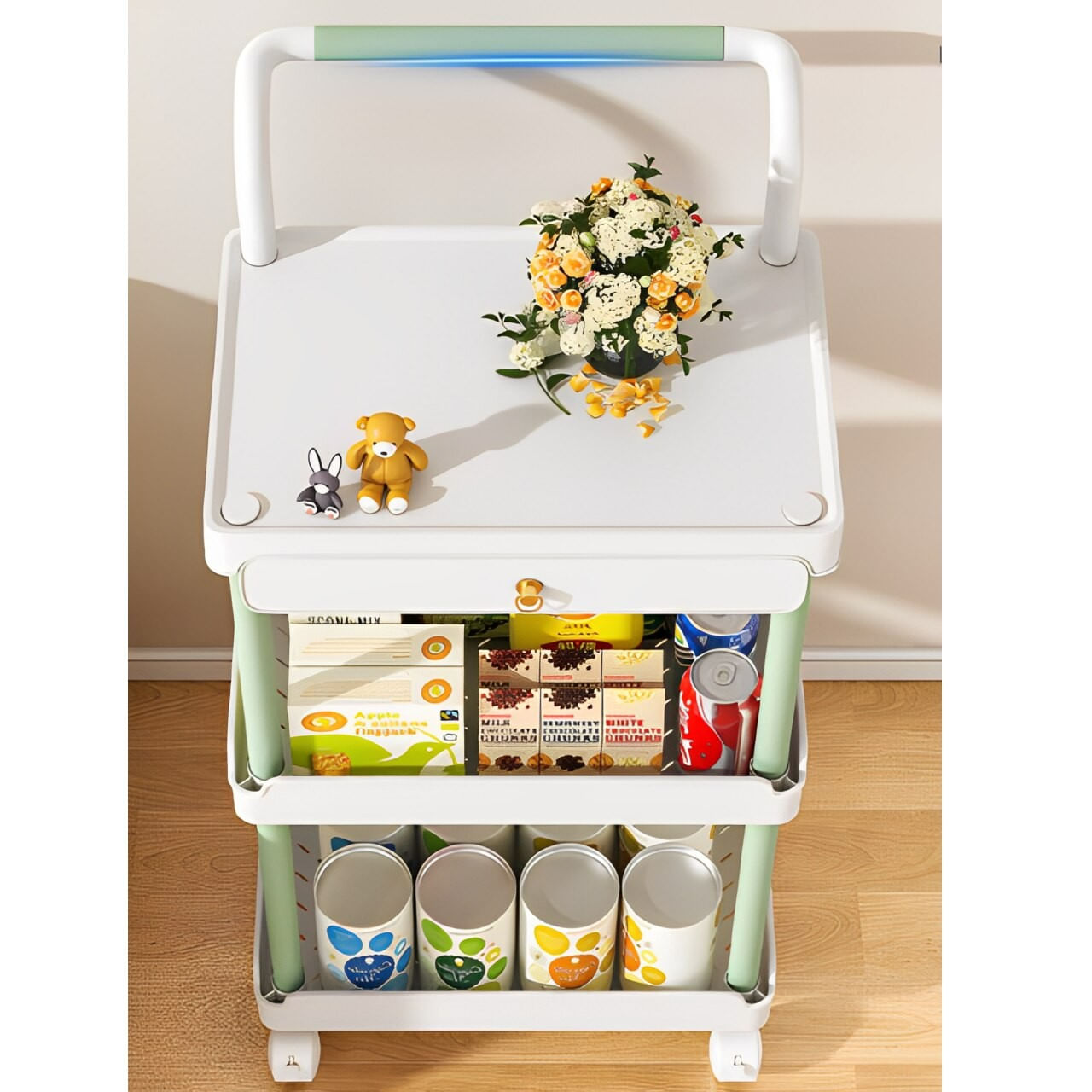 Suport cu 3 rafturi, un sertar si roti, din plastic, Neirini, Alb/Verde, 36.5 x 28 x 74.5 cm — imaginea 2