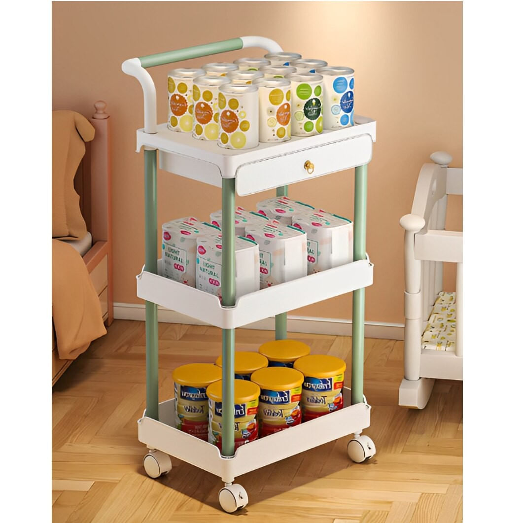 Suport cu 3 rafturi, un sertar si roti, din plastic, Neirini, Alb/Verde, 36.5 x 28 x 74.5 cm — imaginea 3