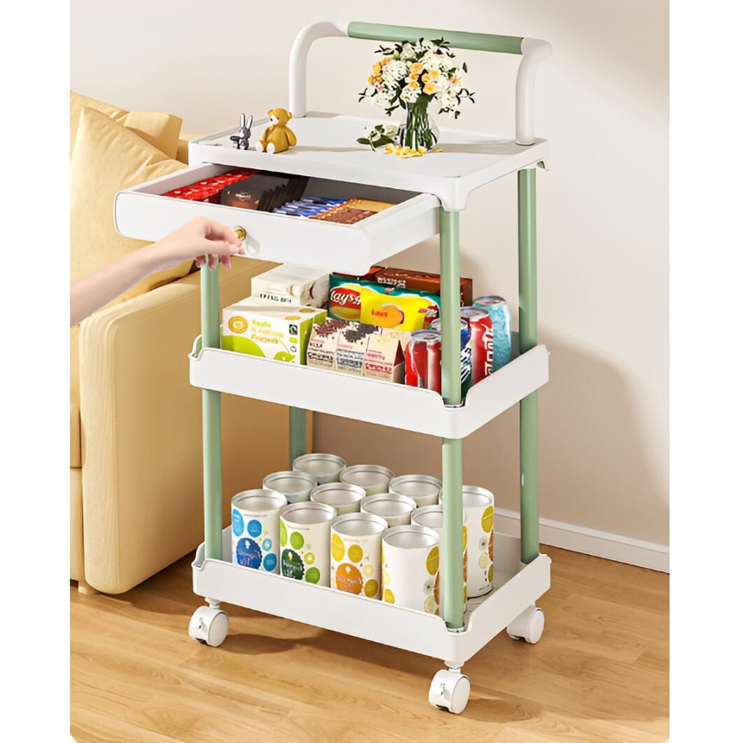 Suport cu 3 rafturi, un sertar si roti, din plastic, Neirini, Alb/Verde, 36.5 x 28 x 74.5 cm — imaginea 4