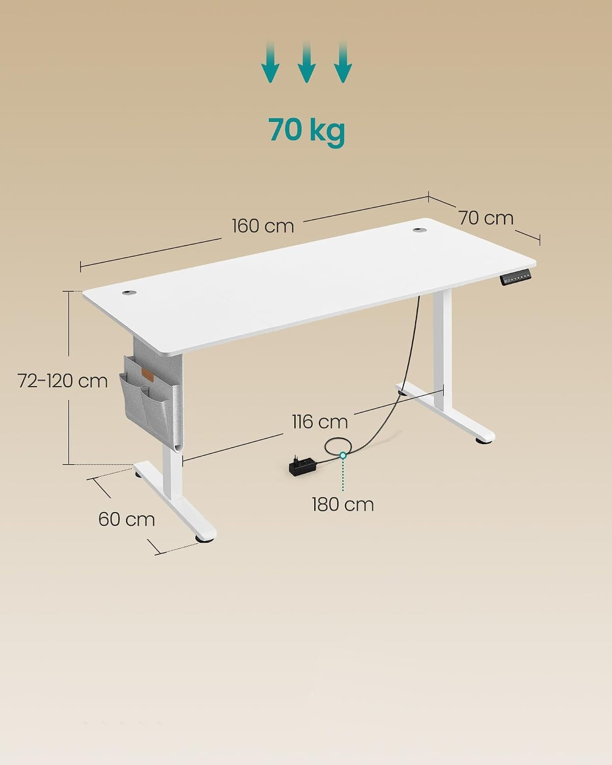 Birou electric reglabil pe inaltime, cadru metalic, functie memorie 4 pozitii, 160x70x(72-120) cm, alb — imaginea 4