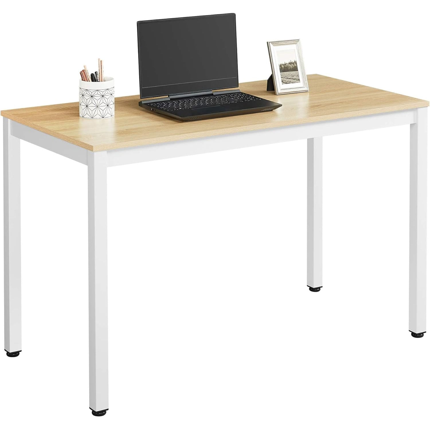 Birou pentru calculator, cadru metalic, design modern si minimalist, 120x60x75 cm, alb cu blat stejar — imaginea 4
