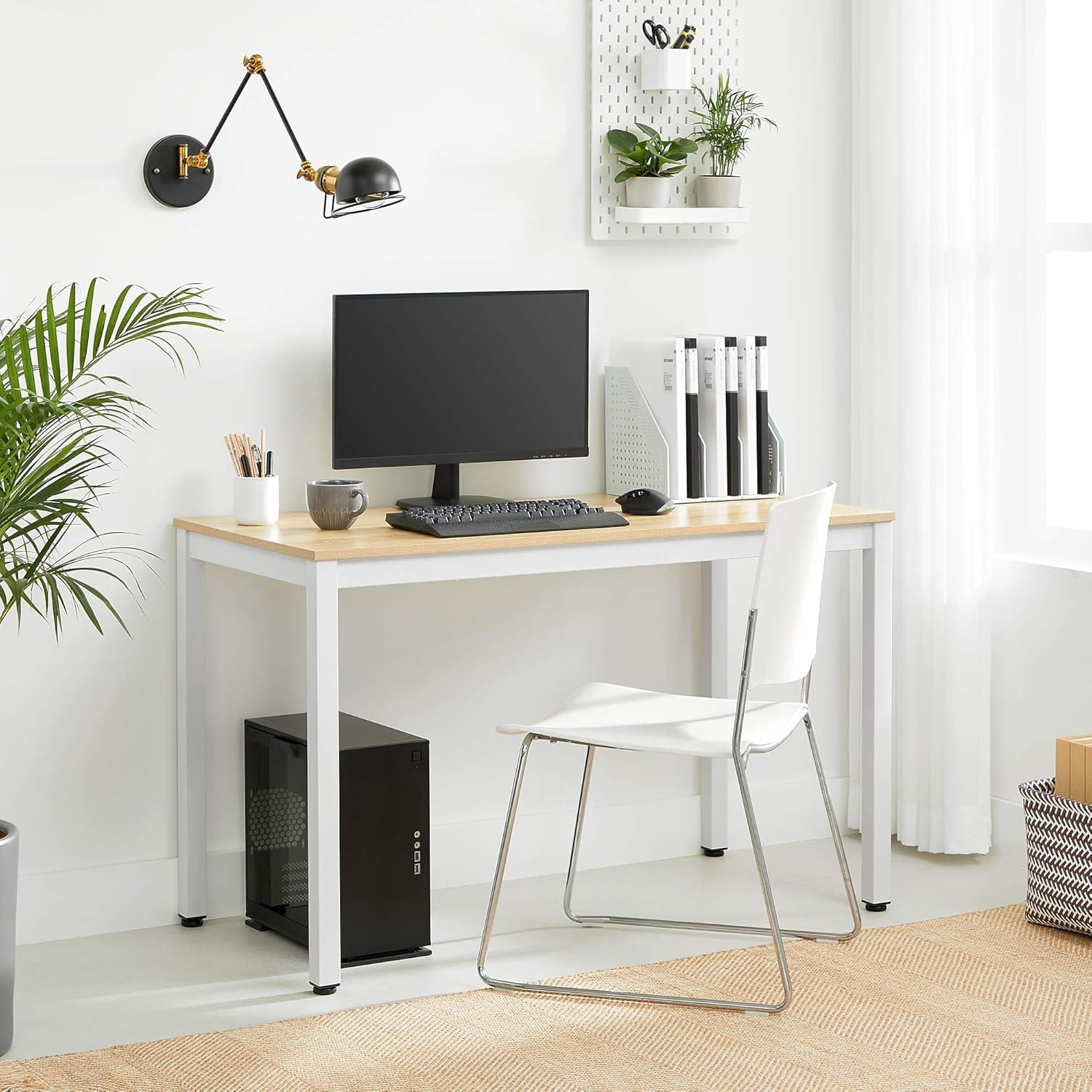 Birou pentru calculator, cadru metalic, design modern si minimalist, 120x60x75 cm, alb cu blat stejar — imaginea 8