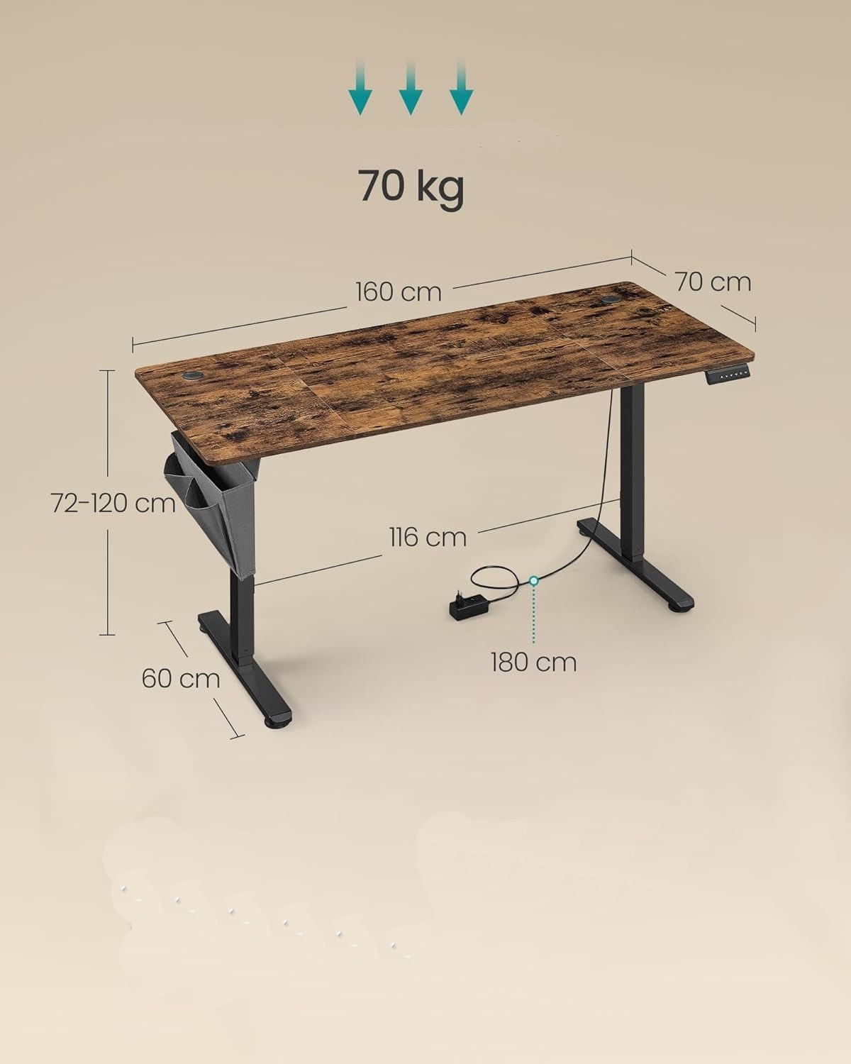 Birou electric reglabil pe inaltime, cadru metalic, functie memorie 4 pozitii, 160x70x(72-120) cm, maro rustic — imaginea 2