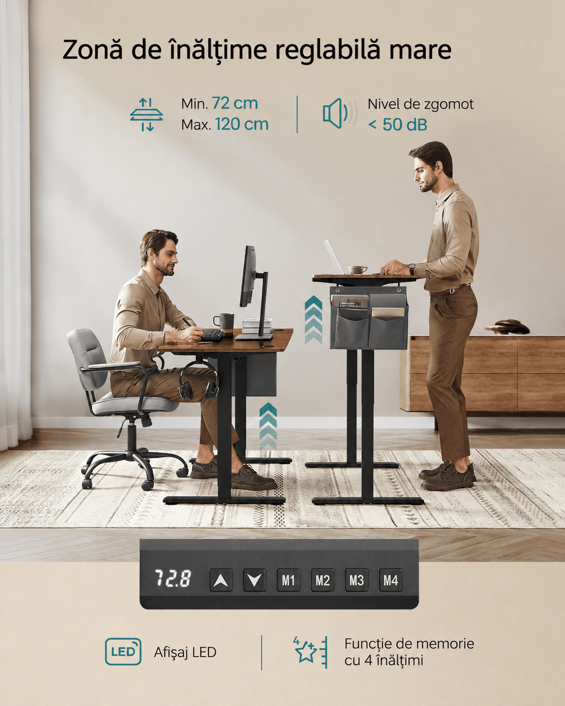 Birou electric reglabil pe inaltime, cadru metalic, functie memorie 4 pozitii, 160x70x(72-120) cm, maro rustic — imaginea 5