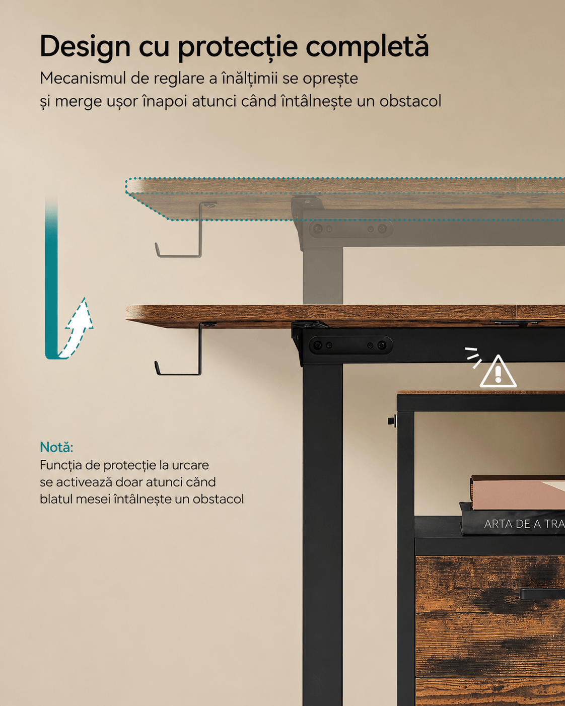 Birou electric reglabil pe inaltime, cadru metalic, functie memorie 4 pozitii, 160x70x(72-120) cm, maro rustic — imaginea 6