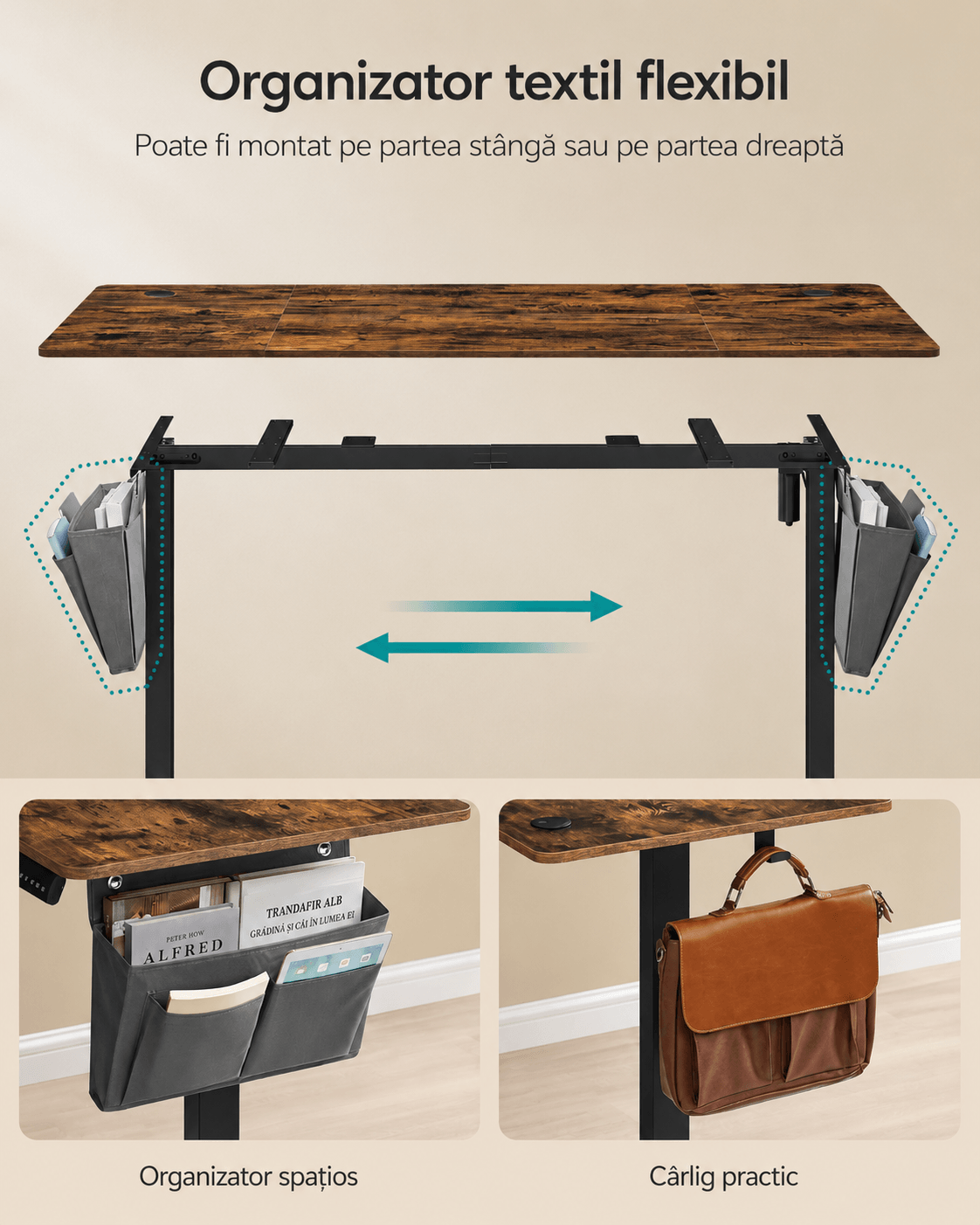 Birou electric reglabil pe inaltime, cadru metalic, functie memorie 4 pozitii, 160x70x(72-120) cm, maro rustic — imaginea 7