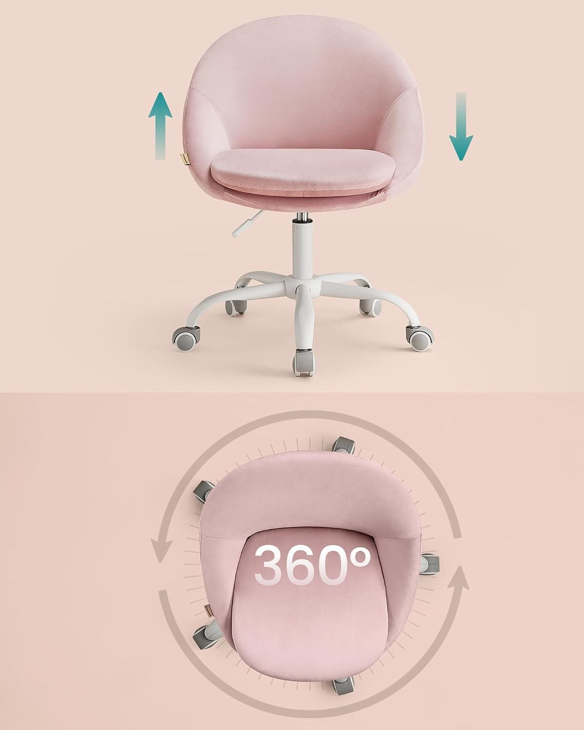 Scaun de birou ergonomic, inaltime reglabila, 60x60x(80-90) cm, roz pastel — imaginea 3