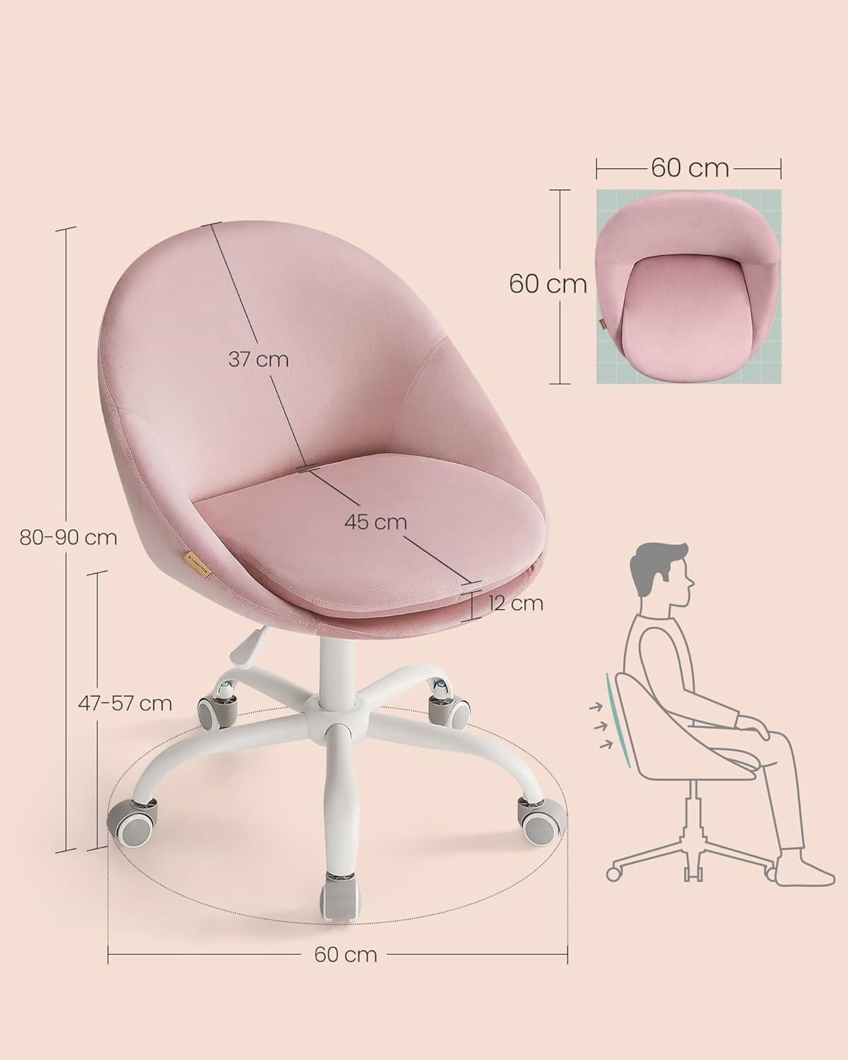 Scaun de birou ergonomic, inaltime reglabila, 60x60x(80-90) cm, roz pastel — imaginea 7