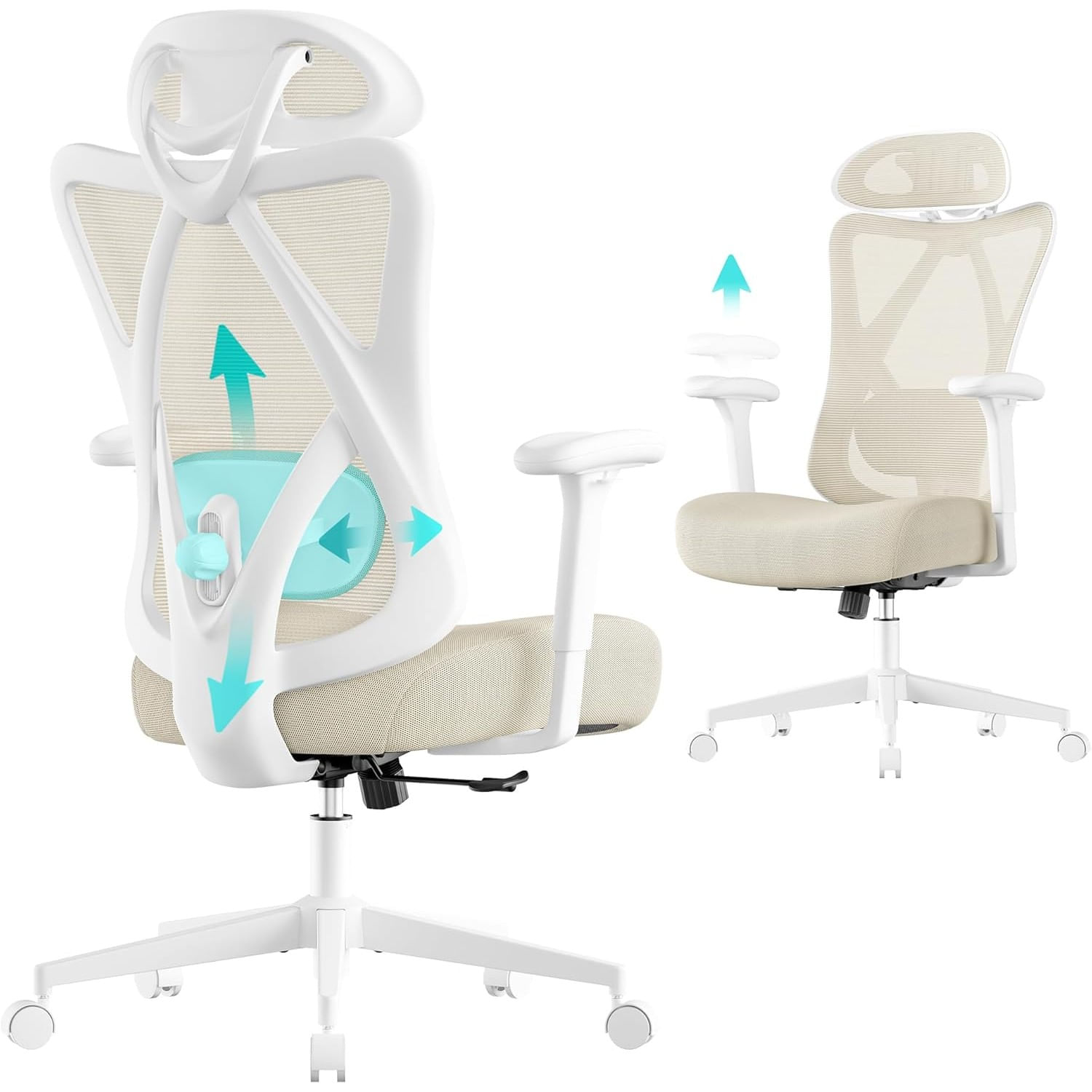 Scaun de birou ergonomic reglabil cu suport lombar si tetiera, maxim 120 kg, 70x70x125 cm, bej cappuccino — imaginea 2