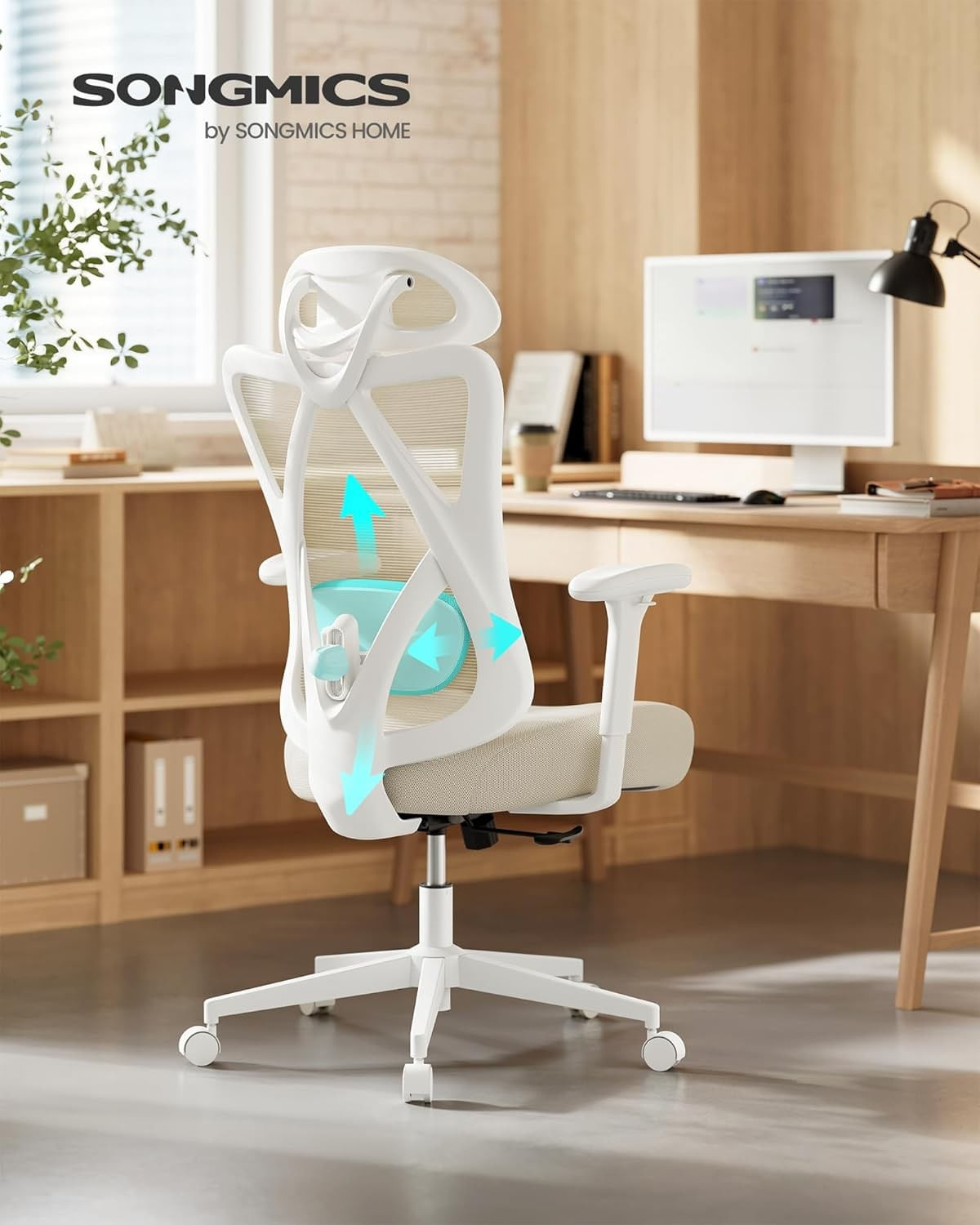 Scaun de birou ergonomic reglabil cu suport lombar si tetiera, maxim 120 kg, 70x70x125 cm, bej cappuccino — imaginea 3