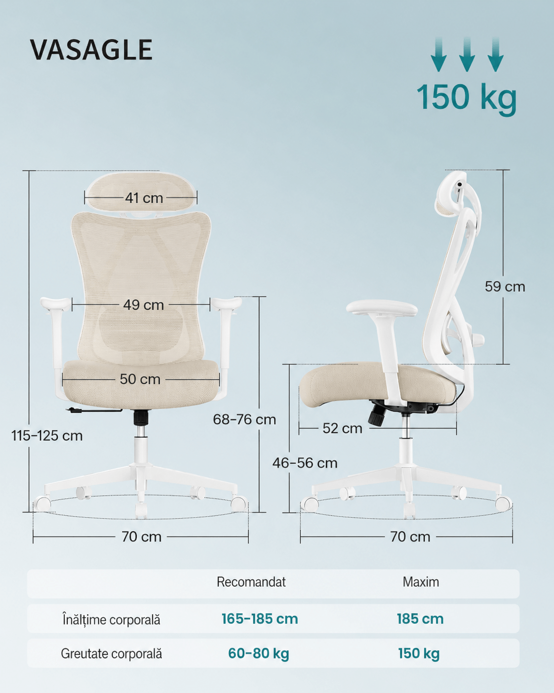 Scaun de birou ergonomic reglabil cu suport lombar si tetiera, maxim 120 kg, 70x70x125 cm, bej cappuccino — imaginea 5
