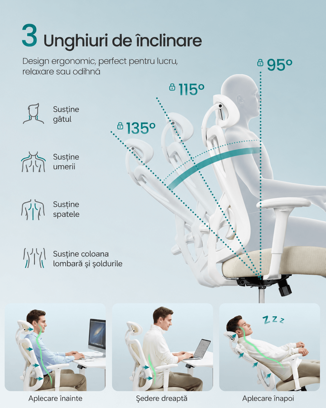 Scaun de birou ergonomic reglabil cu suport lombar si tetiera, maxim 120 kg, 70x70x125 cm, bej cappuccino — imaginea 6