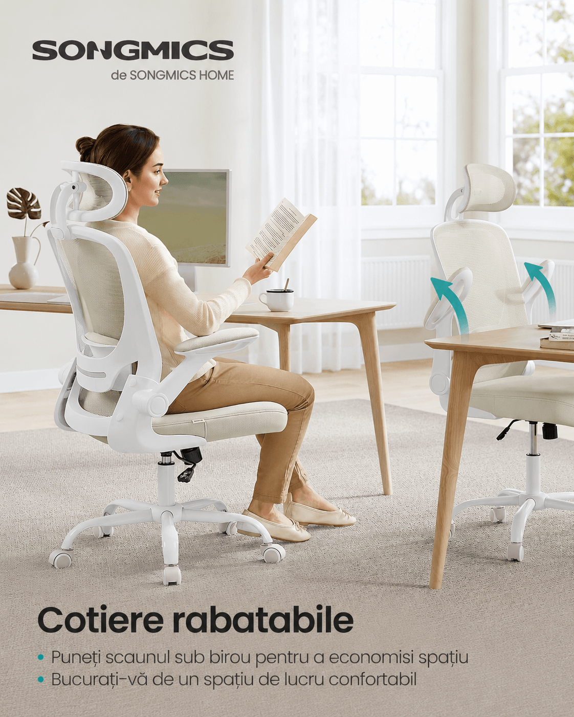Scaun birou ergonomic cu tetiera, suport lombar reglabil si cotiere rabatabile, 64x64x130 cm, bej cappuccino — imaginea 3