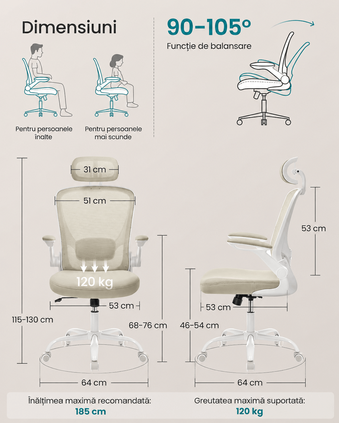 Scaun birou ergonomic cu tetiera, suport lombar reglabil si cotiere rabatabile, 64x64x130 cm, bej cappuccino — imaginea 5