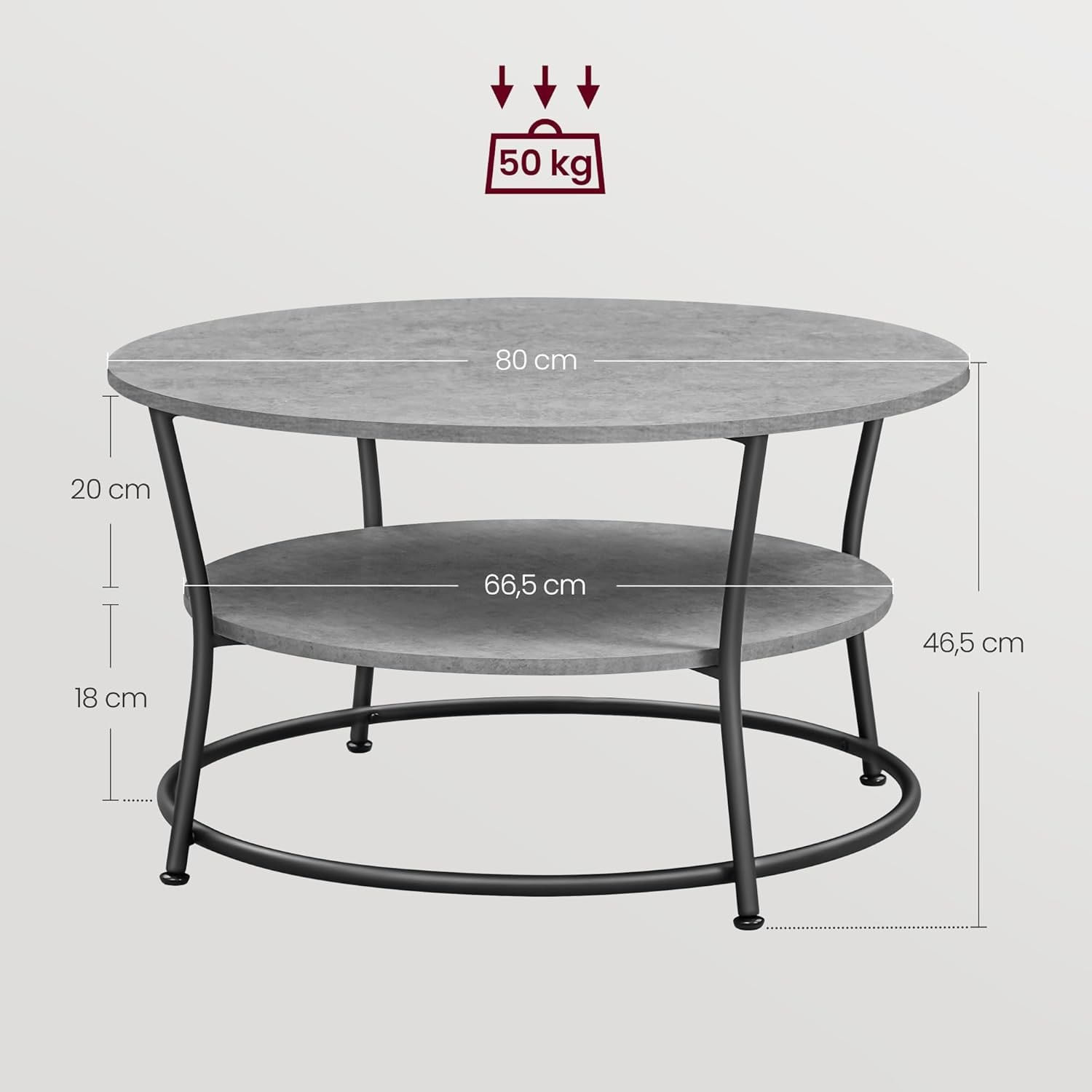Masuta de cafea rotunda cu raft, 80x80x47 cm, cadru metalic, stil industrial, gri beton si negru