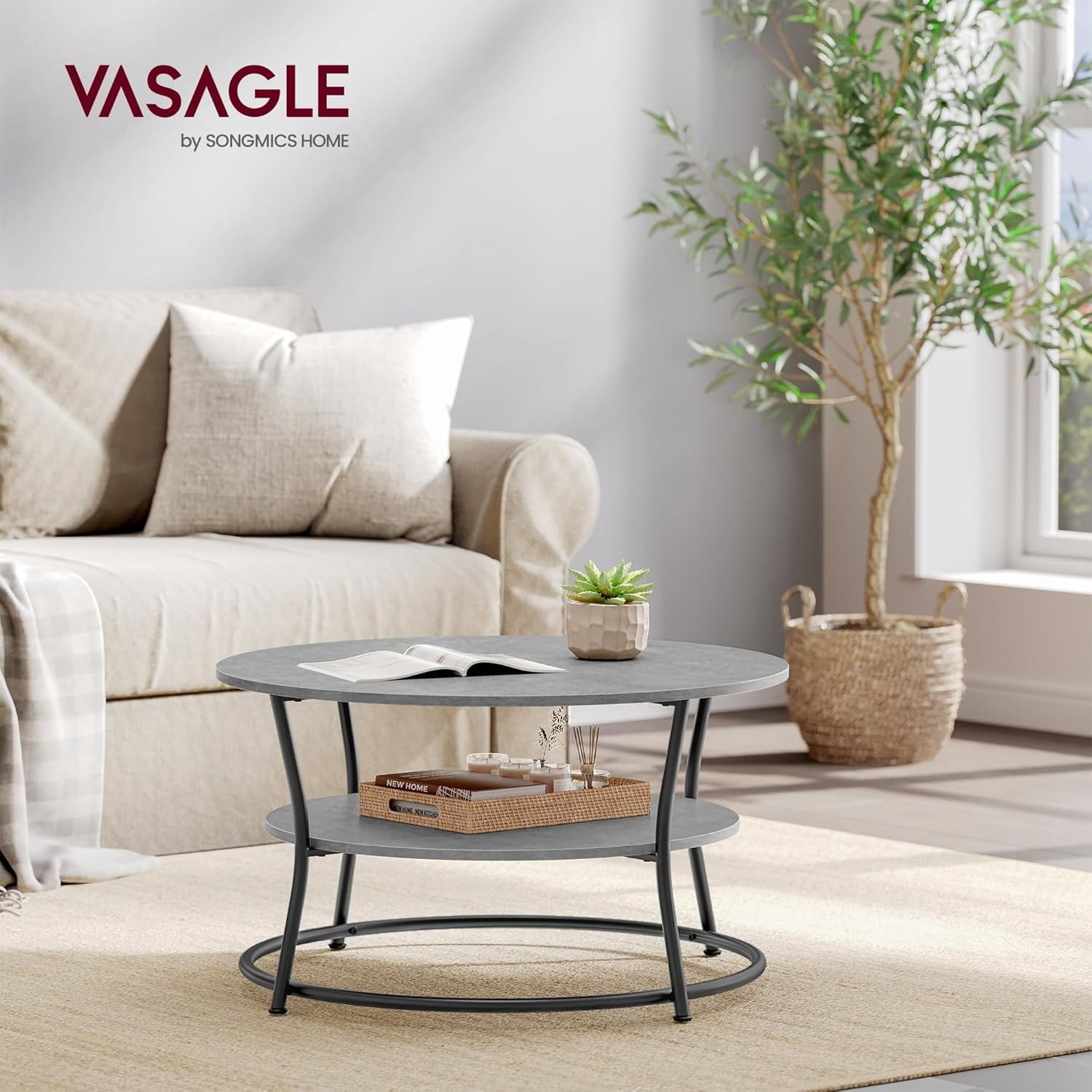 Masuta de cafea rotunda cu raft, 80x80x47 cm, cadru metalic, stil industrial, gri beton si negru — imaginea 2
