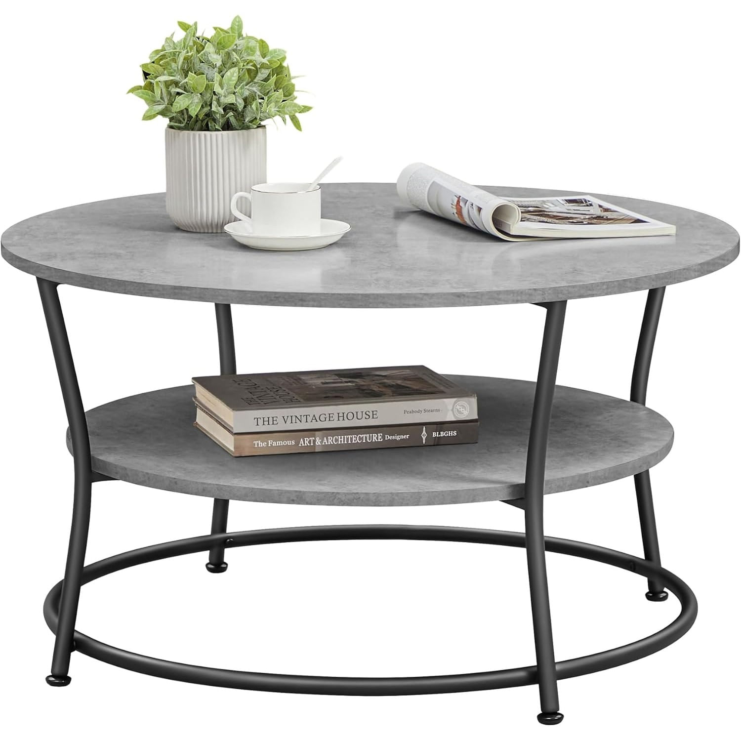 Masuta de cafea rotunda cu raft, 80x80x47 cm, cadru metalic, stil industrial, gri beton si negru — imaginea 3