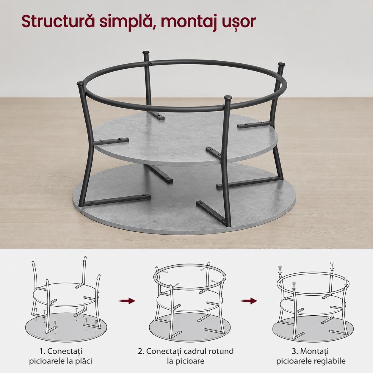 Masuta de cafea rotunda cu raft, 80x80x47 cm, cadru metalic, stil industrial, gri beton si negru — imaginea 4