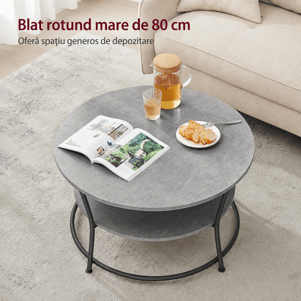 Masuta de cafea rotunda cu raft, 80x80x47 cm, cadru metalic, stil industrial, gri beton si negru — imaginea 5
