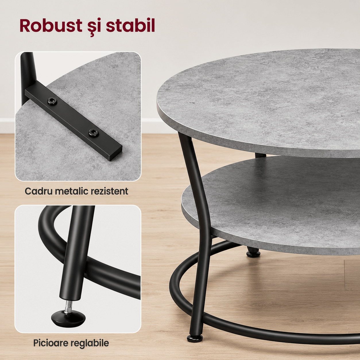 Masuta de cafea rotunda cu raft, 80x80x47 cm, cadru metalic, stil industrial, gri beton si negru — imaginea 6