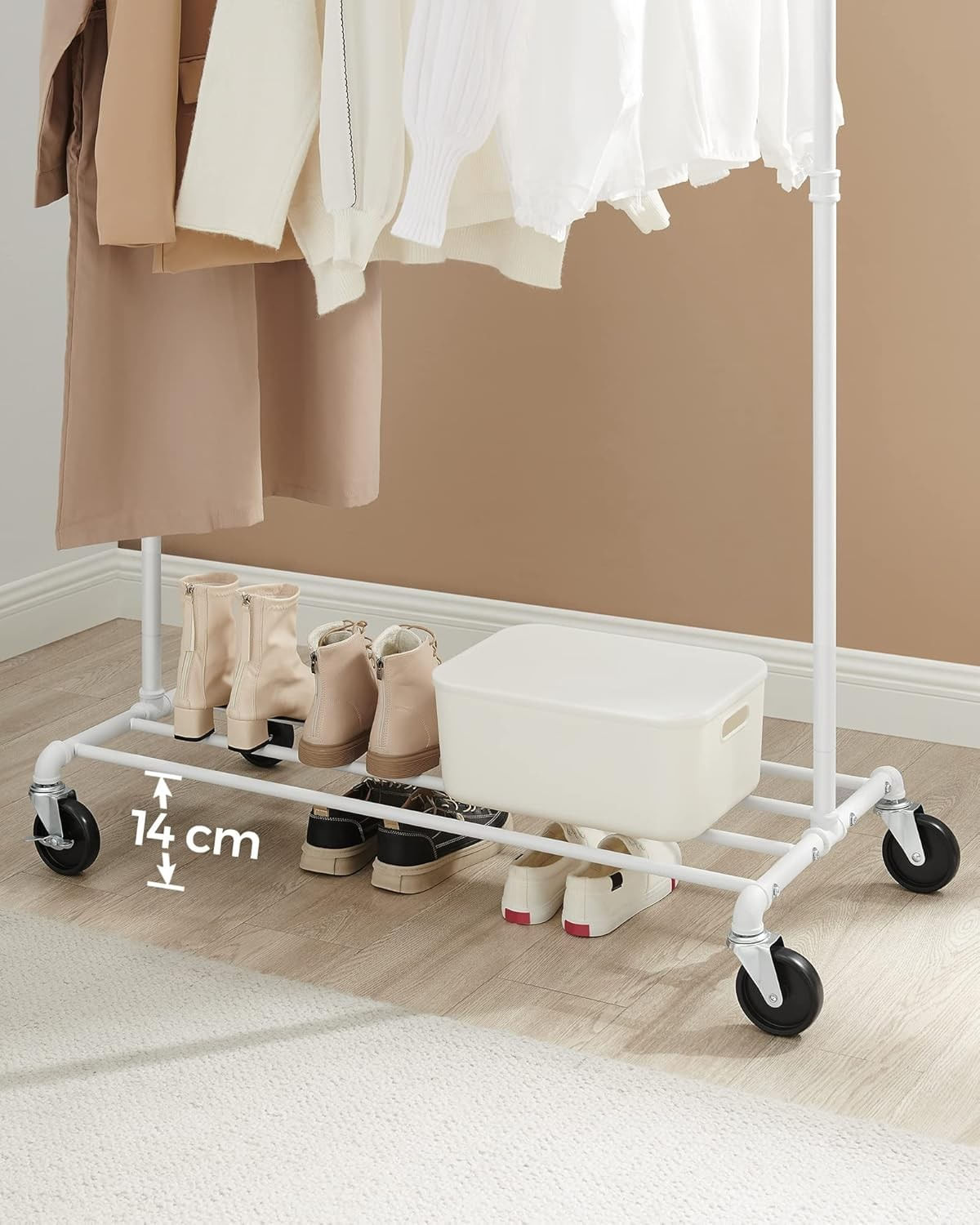 Suport pentru haine mobil cu raft inferior, cadru metalic, stil industrial, 100x49x163 cm, alb — imaginea 8
