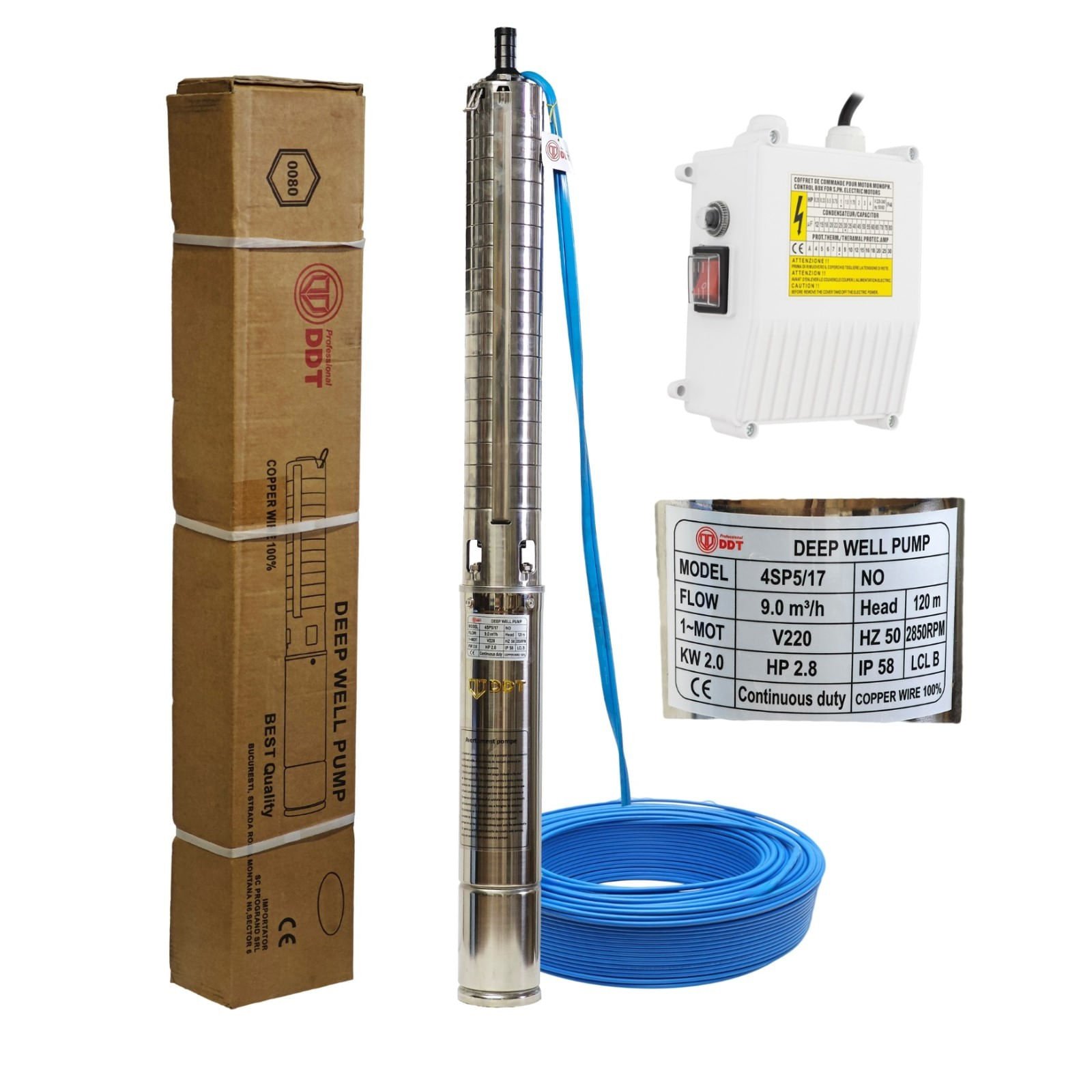 Pompa submersibila de adancime DDT 4SP5/17, Putere 2 kW, Debit 9 mc/h, 17 turbine inox, Rezistenta la nisip — imaginea 4