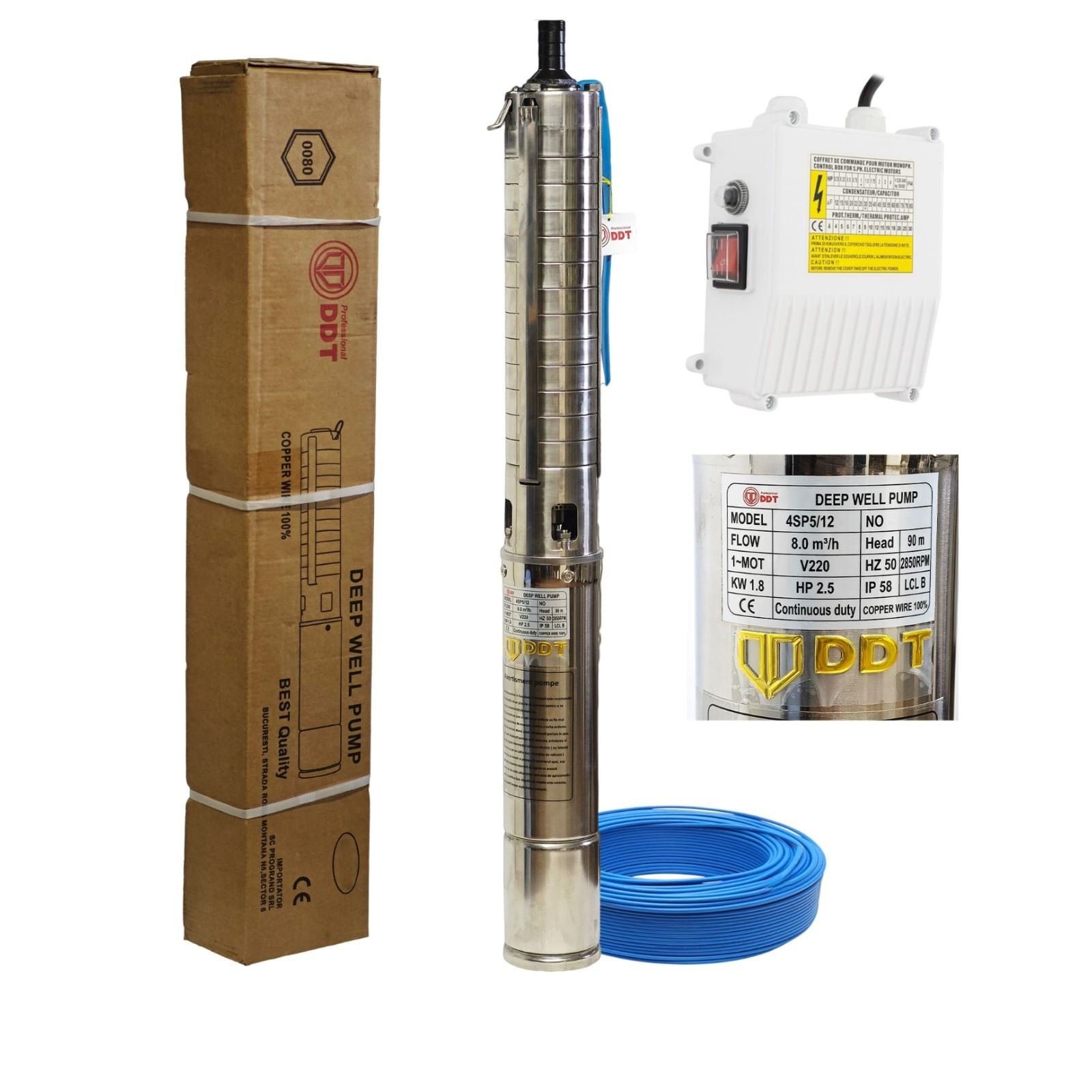 Pompa submersibila de adancime DDT 4SP5/12, Putere 1.8 kW, Debit 8 mc/h, 12 turbine inox, Rezistenta la nisip — imaginea 4