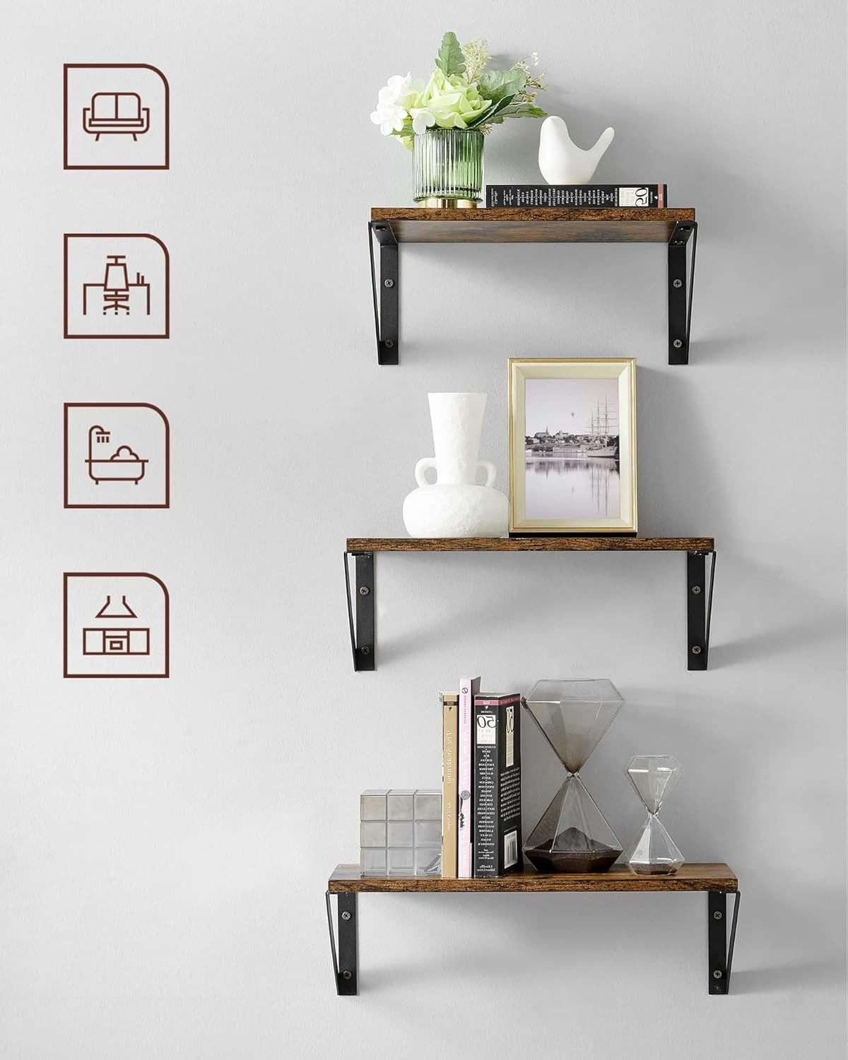 Raft de perete, set 3 bucati de 30, 35 si 40 cm, 2 moduri de montare, maro rustic si negru — imaginea 2