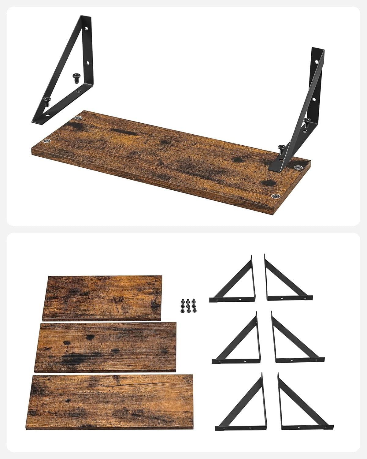 Raft de perete, set 3 bucati de 30, 35 si 40 cm, 2 moduri de montare, maro rustic si negru — imaginea 3