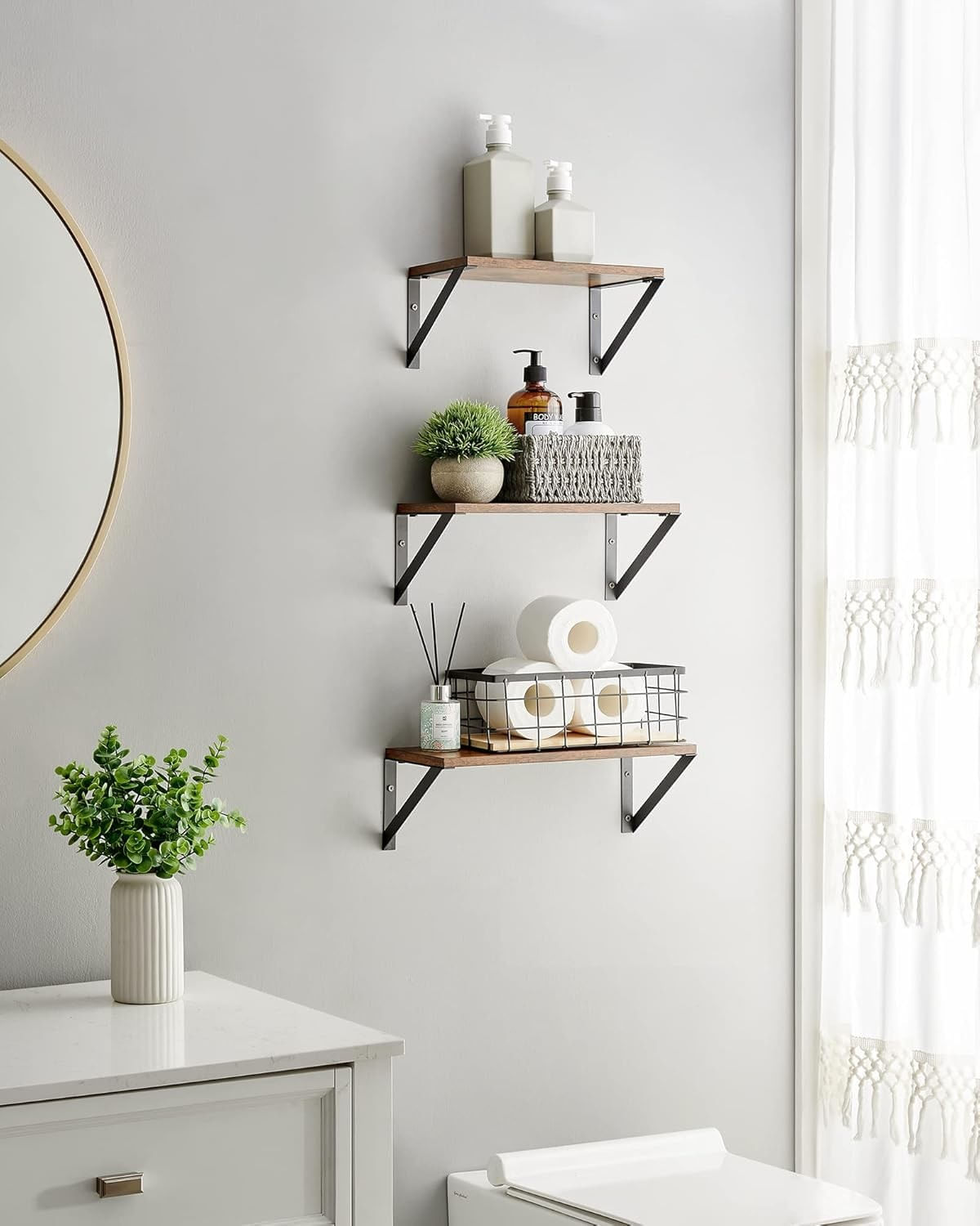 Raft de perete, set 3 bucati de 30, 35 si 40 cm, 2 moduri de montare, maro rustic si negru — imaginea 5