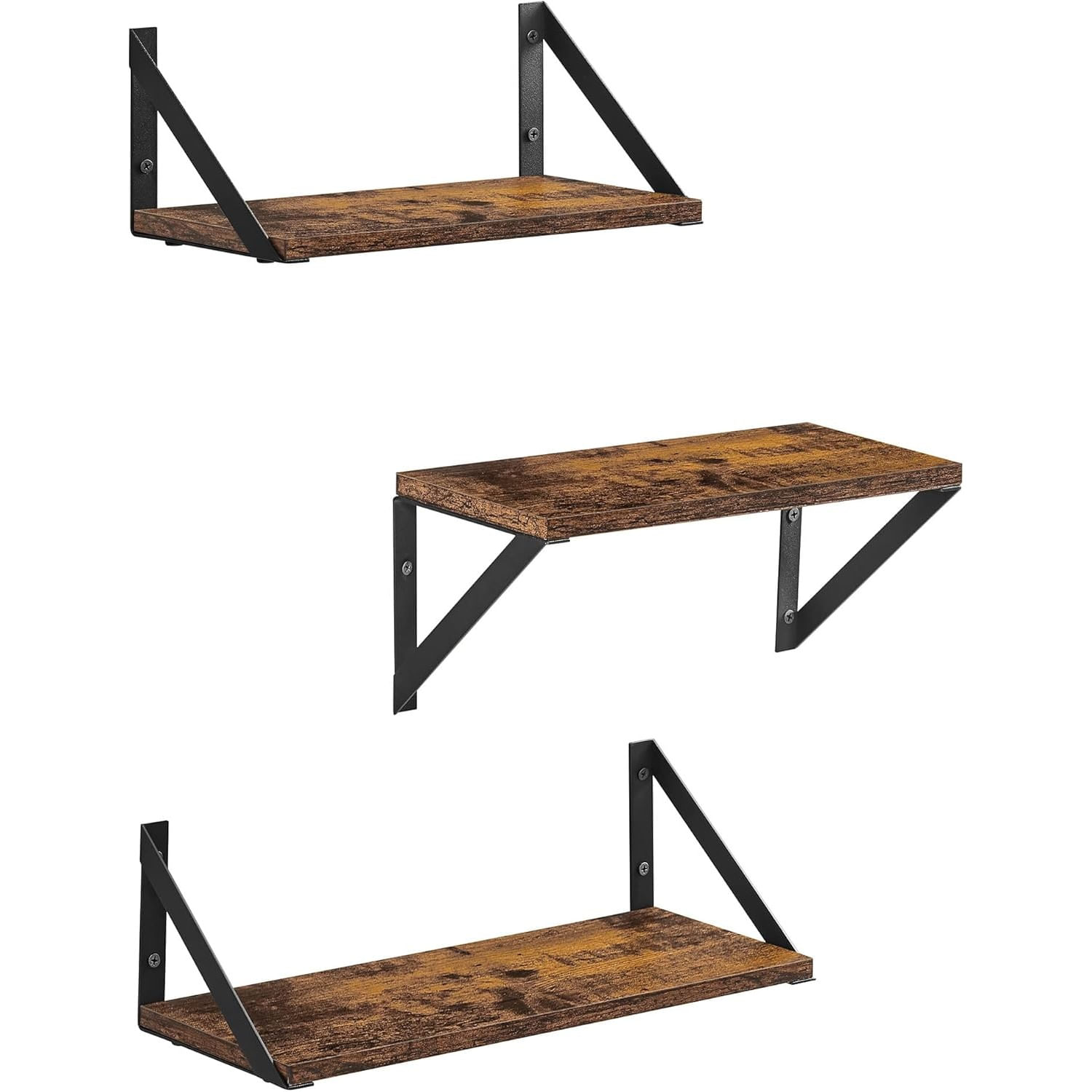 Raft de perete, set 3 bucati de 30, 35 si 40 cm, 2 moduri de montare, maro rustic si negru — imaginea 6