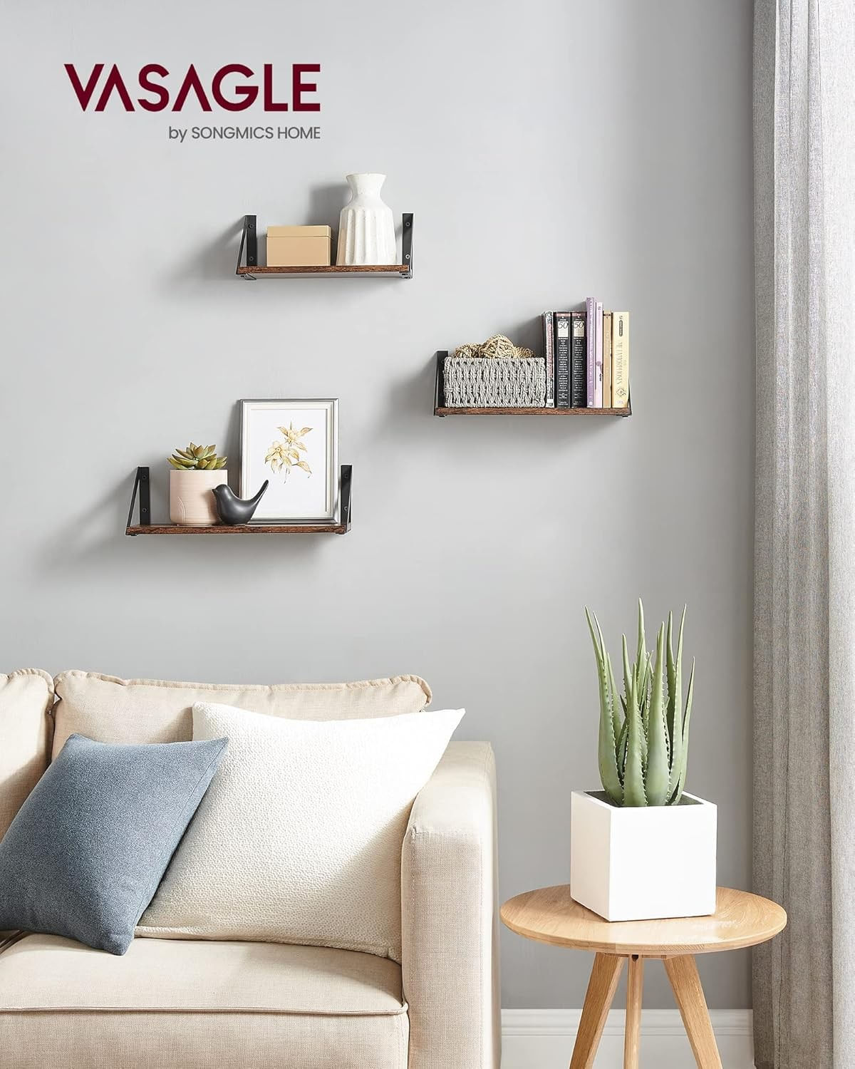 Raft de perete, set 3 bucati de 30, 35 si 40 cm, 2 moduri de montare, maro rustic si negru — imaginea 7