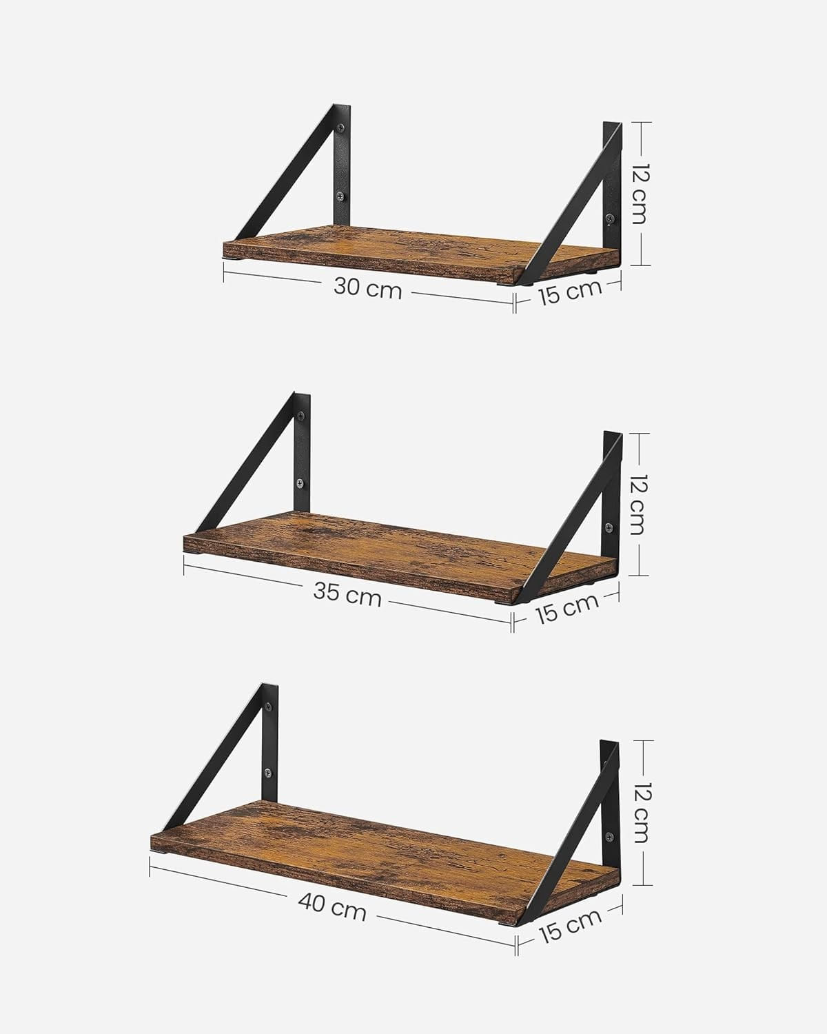 Raft de perete, set 3 bucati de 30, 35 si 40 cm, 2 moduri de montare, maro rustic si negru — imaginea 8