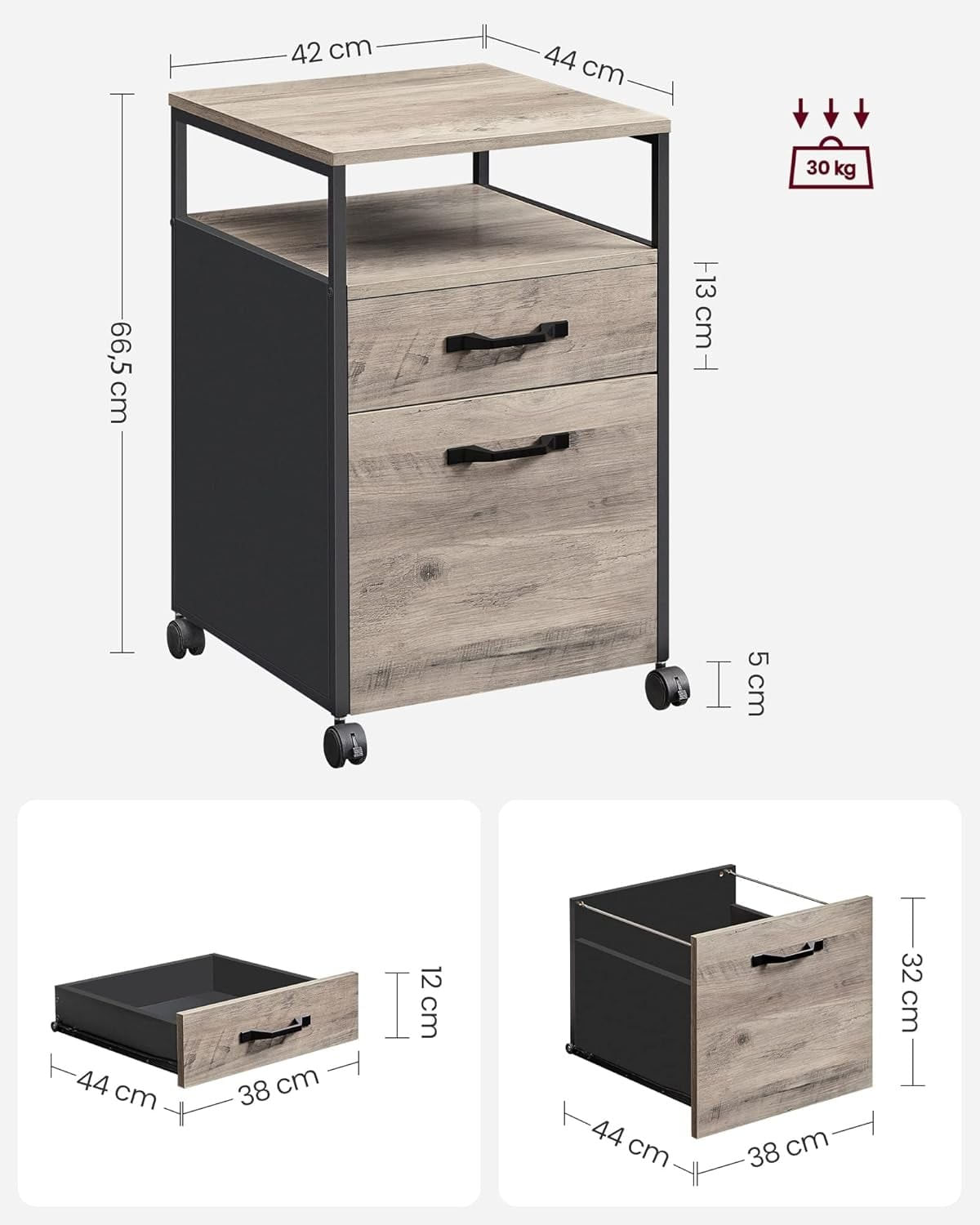 Dulap mobil cu roti, compartiment 2 setare, compatibil cu dosare suspendate, stil industrial, 42x44x67 cm, gri stejar — imaginea 2