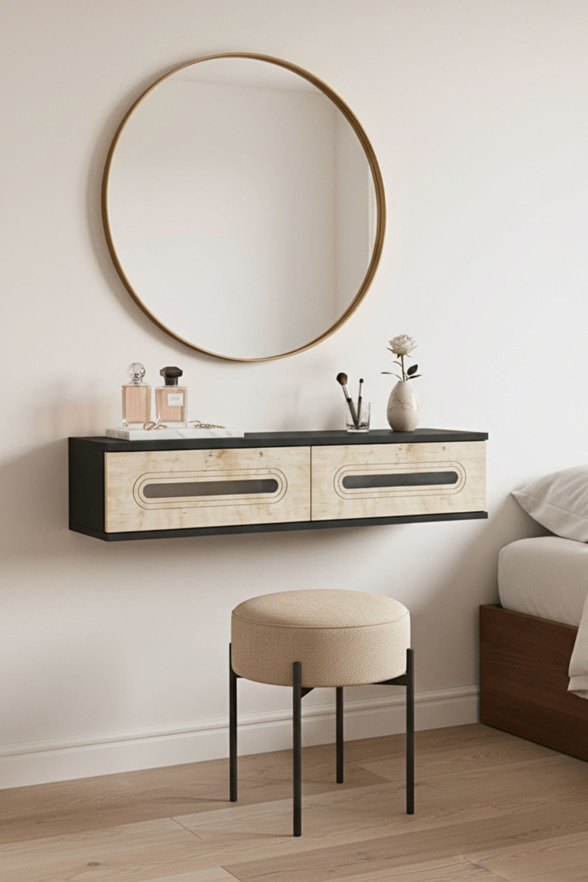 Comodă dormitor Rany 120, 120 x 25,5 x 29,6 cm, antracit travertin argintiu, PAL melaminat, oglindă — imaginea 2
