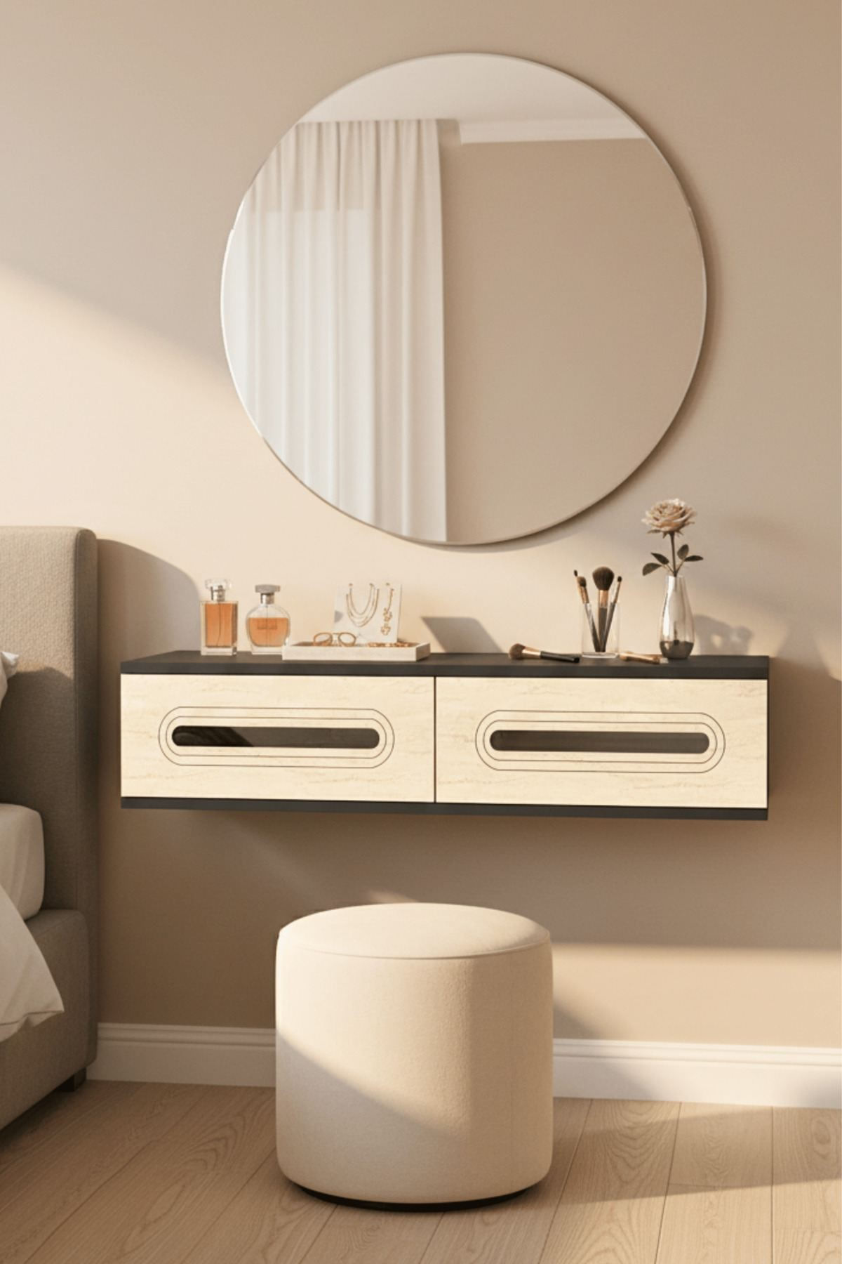Comodă dormitor Rany 120, 120 x 25,5 x 29,6 cm, antracit travertin argintiu, PAL melaminat, oglindă — imaginea 5
