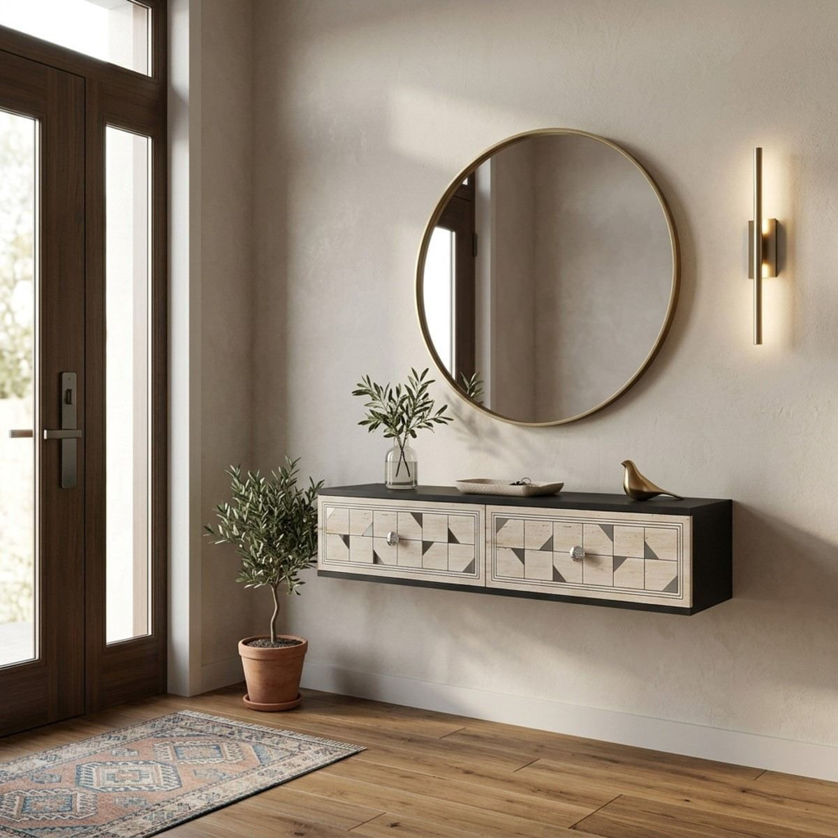 Comodă dormitor Moka 120, 120 x 25,5 x 29,6 cm, antracit travertin argintiu, PAL melaminat, oglindă — imaginea 7