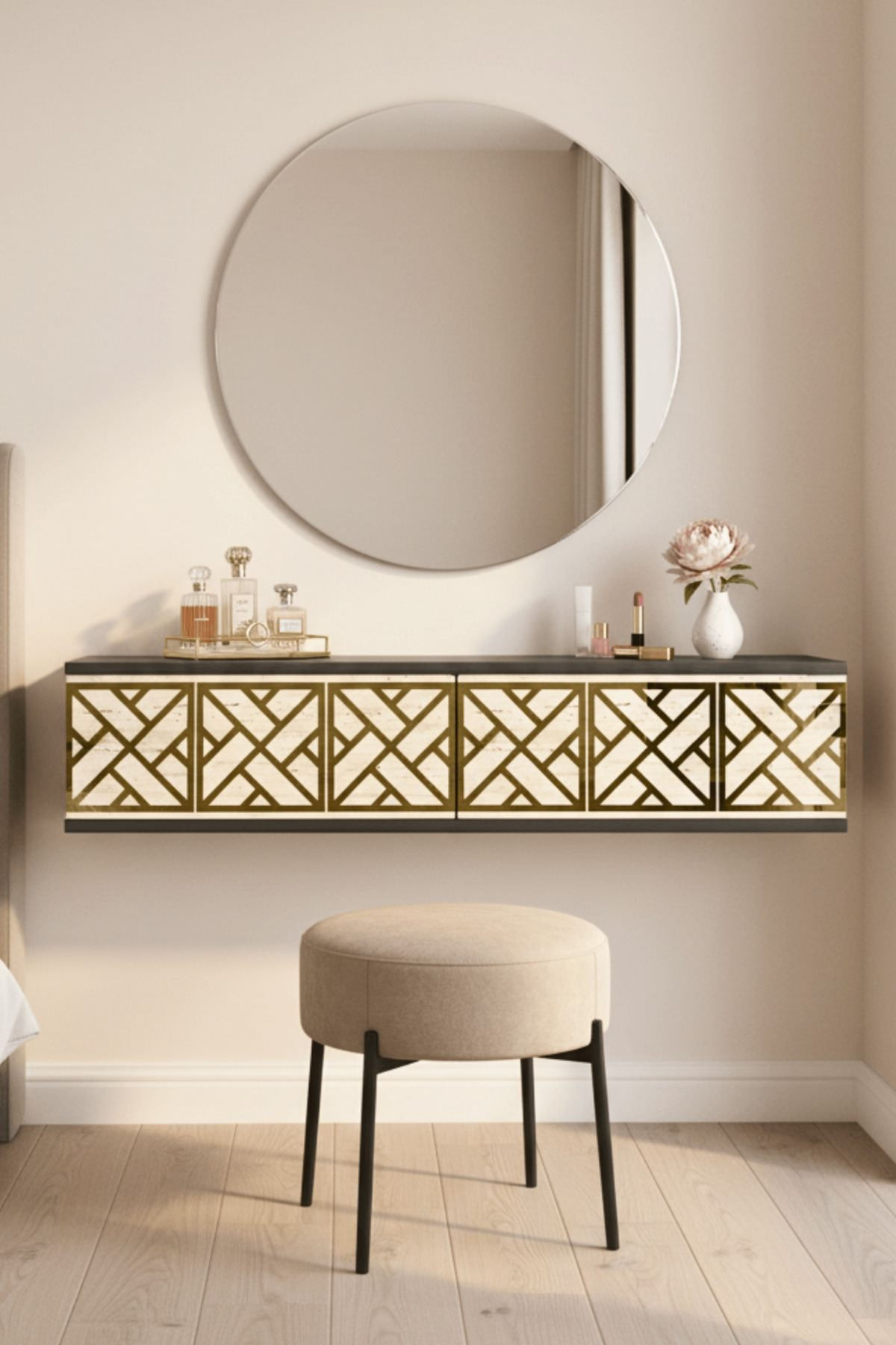 Comodă dormitor Arex 120, 120 x 25,5 x 29,6 cm, antracit travertin auriu, PAL melaminat, oglindă — imaginea 2