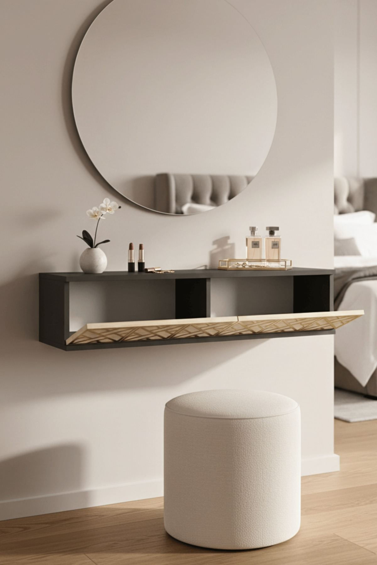 Comodă dormitor Arex 120, 120 x 25,5 x 29,6 cm, antracit travertin auriu, PAL melaminat, oglindă — imaginea 5