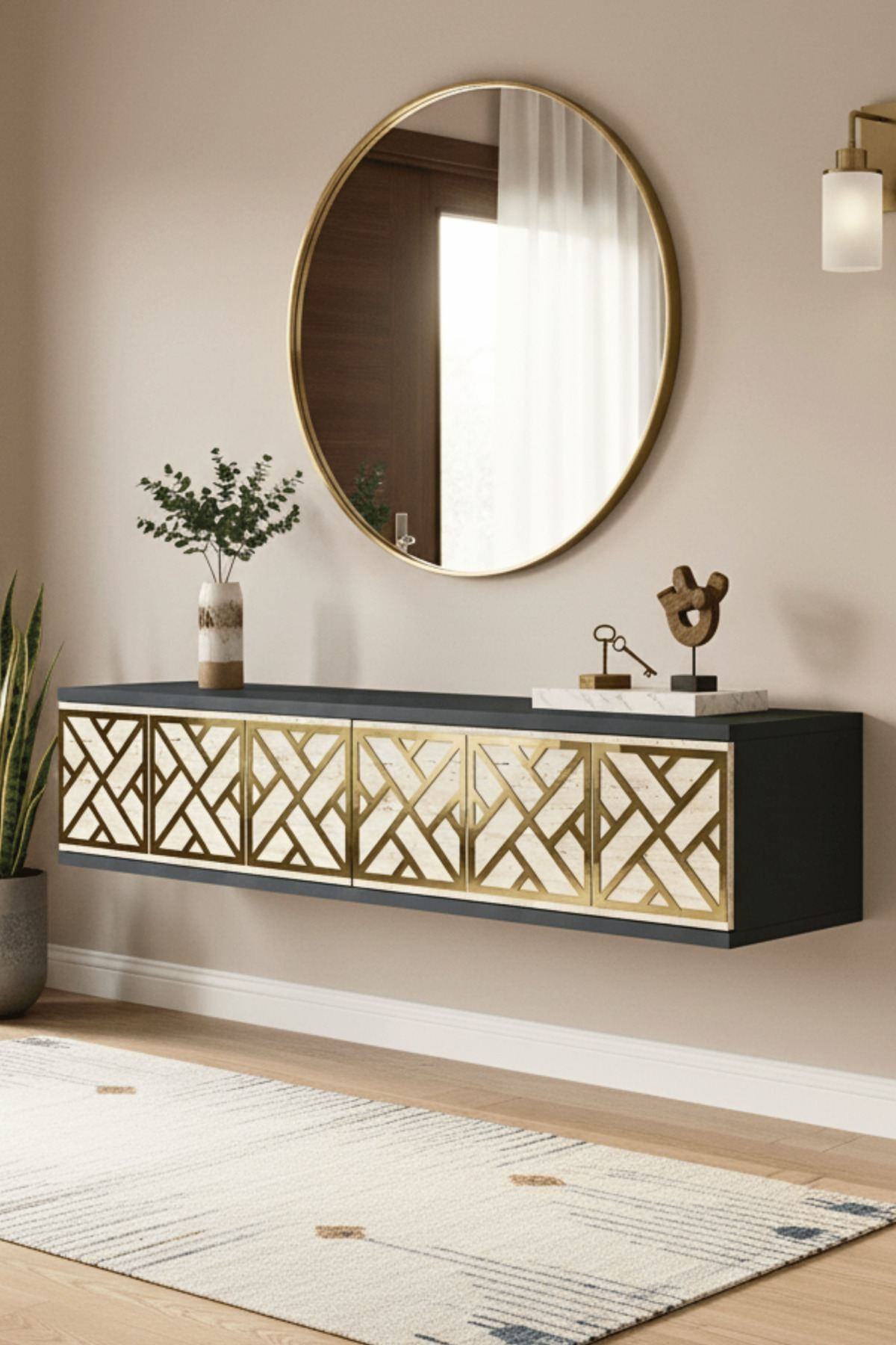 Comodă dormitor Arex 120, 120 x 25,5 x 29,6 cm, antracit travertin auriu, PAL melaminat, oglindă — imaginea 6