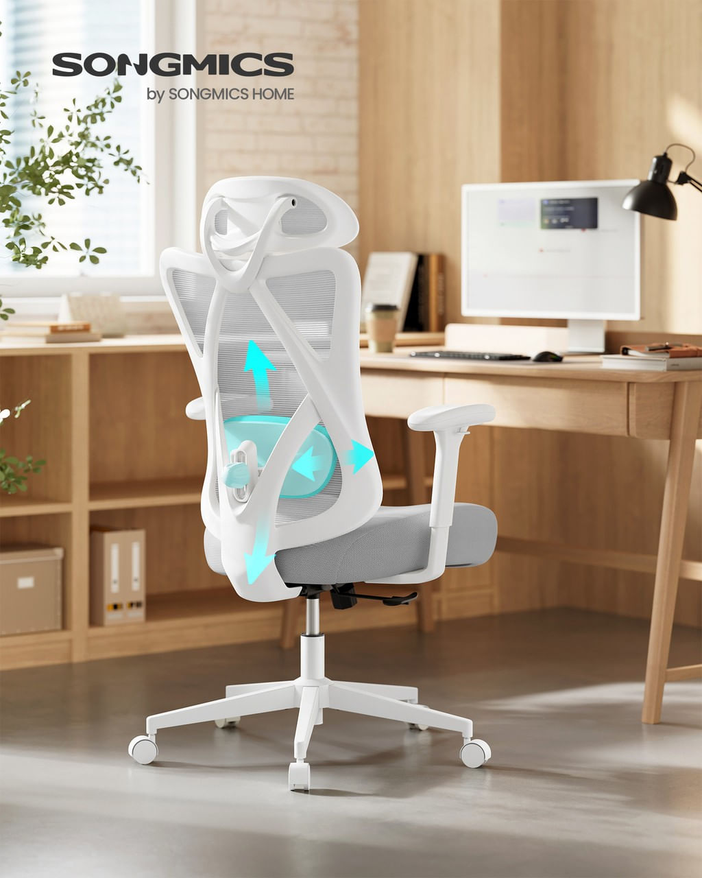 Scaun de birou ergonomic reglabil cu suport lombar si tetiera, maxim 120 kg, 70x70x125 cm, gri — imaginea 5