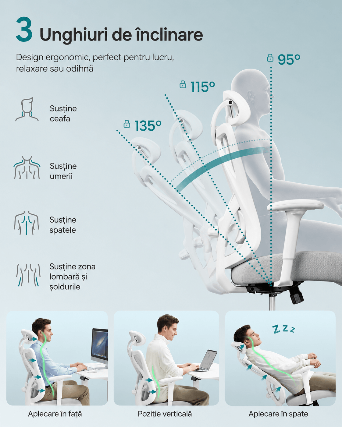 Scaun de birou ergonomic reglabil cu suport lombar si tetiera, maxim 120 kg, 70x70x125 cm, gri — imaginea 6