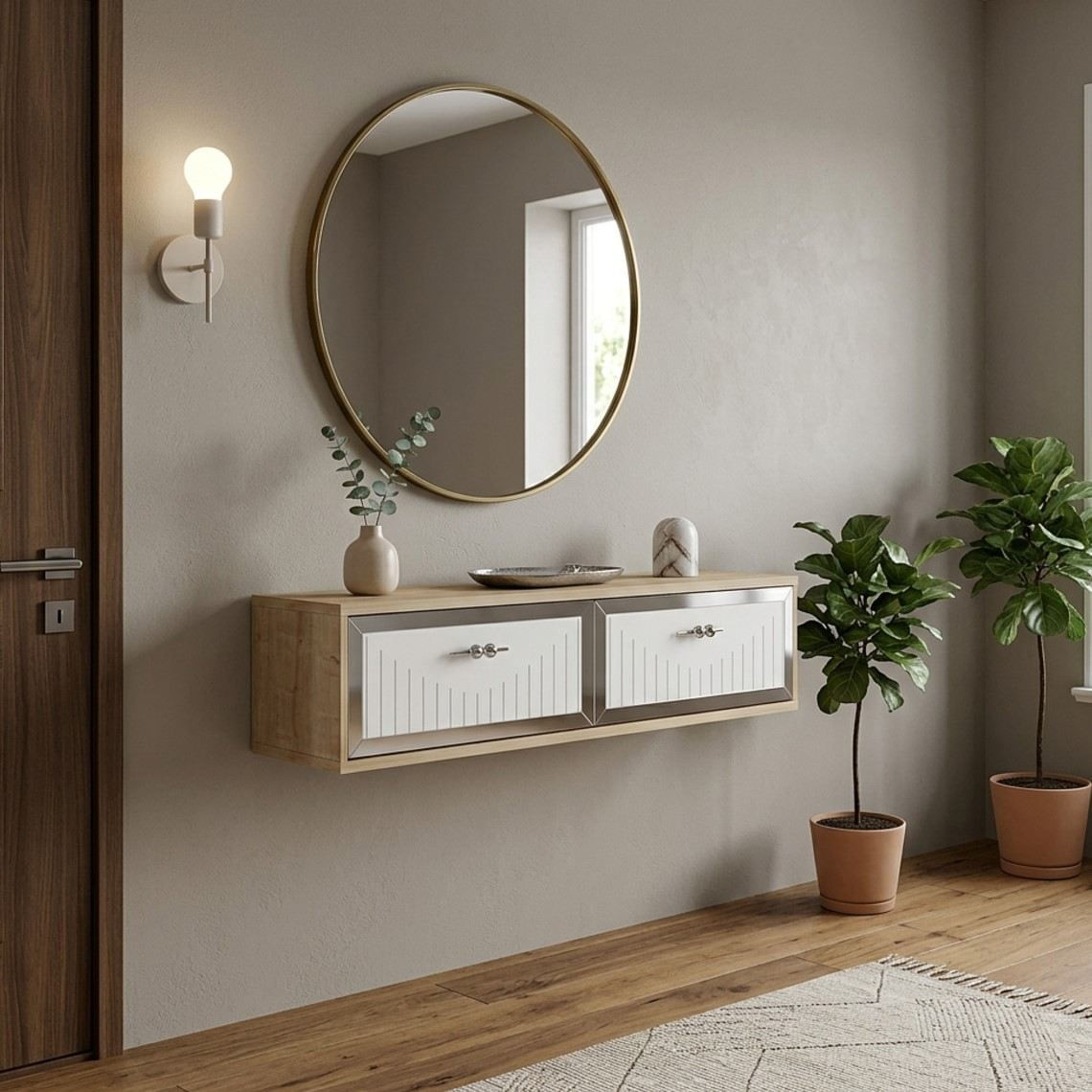 Comodă dormitor Tuna 120, 120 x 25,5 x 29,6 cm, stejar safir alb argintiu, PAL melaminat, oglindă — imaginea 6