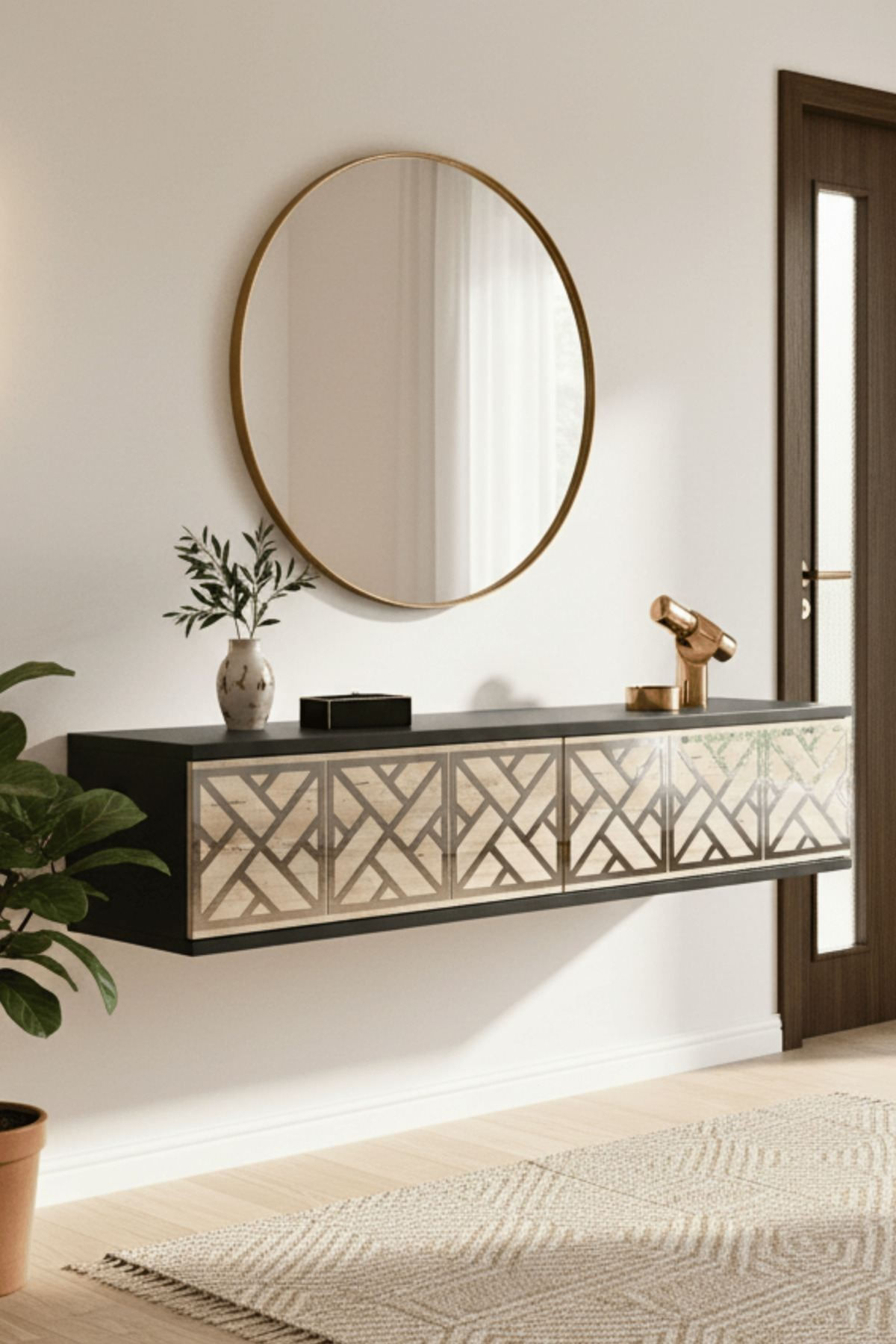 Comodă dormitor Arex 120, 120 x 25,5 x 29,6 cm, antracit travertin argintiu, PAL melaminat, oglindă — imaginea 3