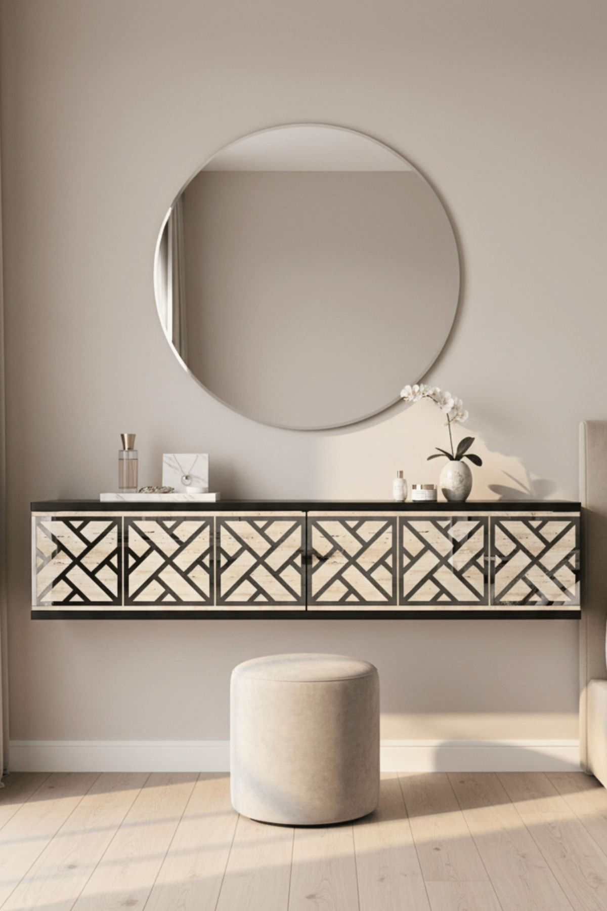 Comodă dormitor Arex 120, 120 x 25,5 x 29,6 cm, antracit travertin argintiu, PAL melaminat, oglindă — imaginea 5